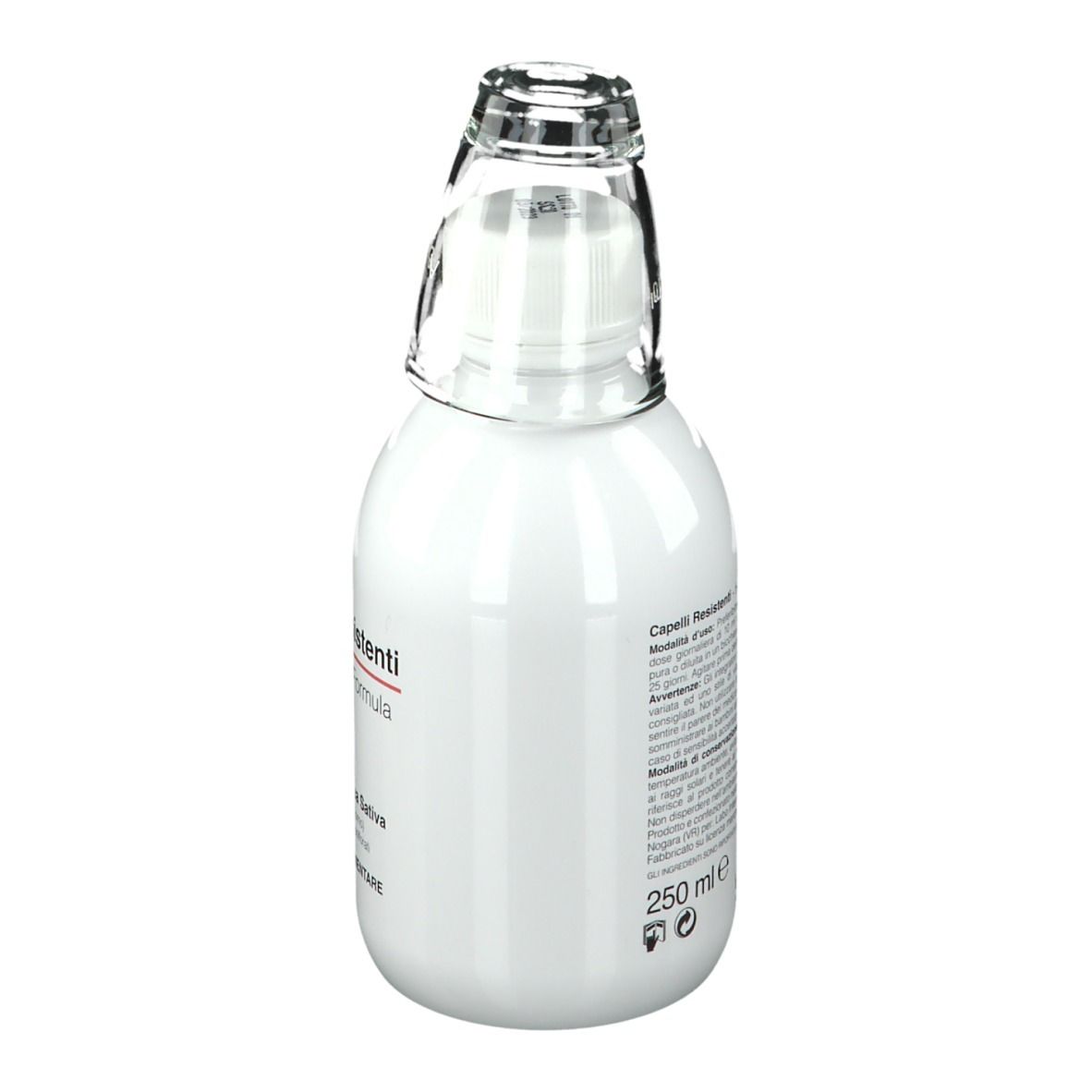 Bouteille blanche avec bouchon en verre. Inscription : Capelli Resistenti, Hair Strength Formula. Texte et volume sur le côté : 250 ml.