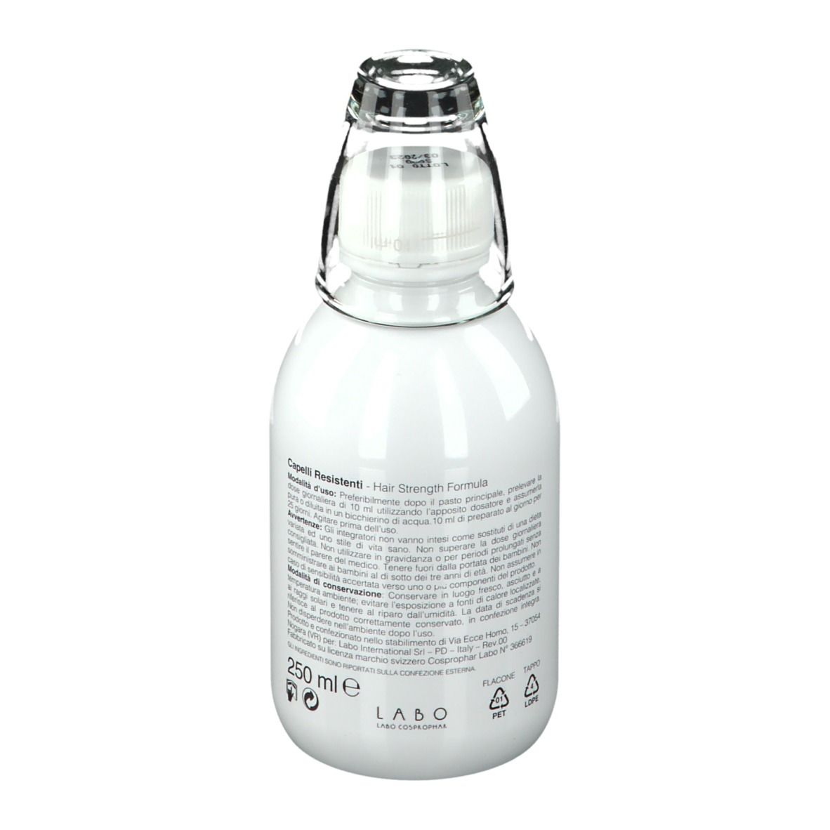 Bouteille blanche avec bouchon en verre. Inscription : Capelli Resistenti, Hair Strength Formula. Dos avec texte et volume : 250 ml.