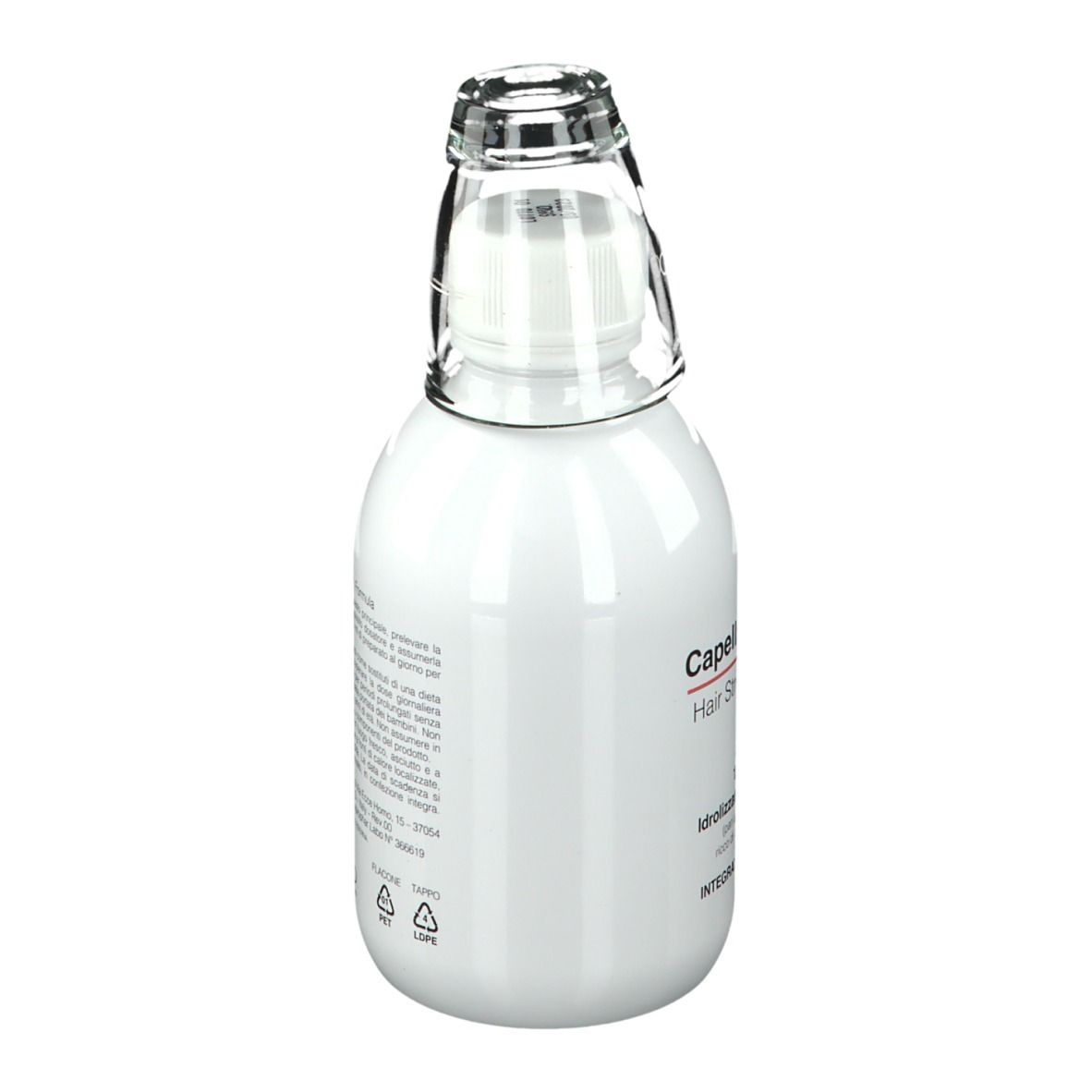 Bouteille blanche avec bouchon en verre. Inscription : Capelli Resistenti, Hair Strength Formula. Dos avec texte et volume : 250 ml.