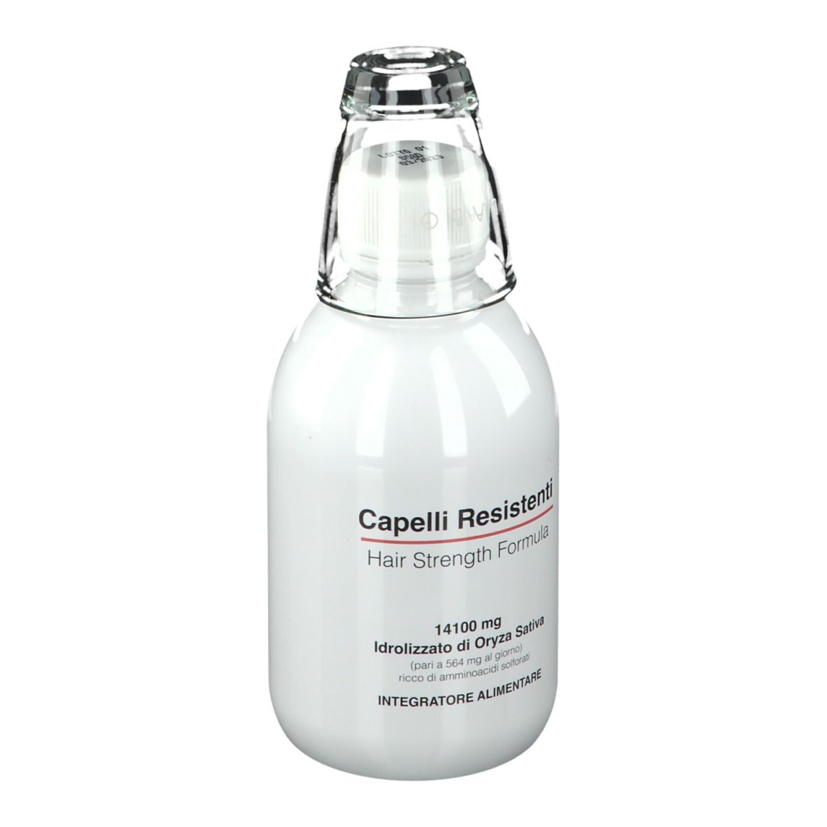 Bouteille blanche avec bouchon en verre. Inscription : Capelli Resistenti, Hair Strength Formula. Texte : 14100 mg, Idrolizzato di Oryza Sativa.