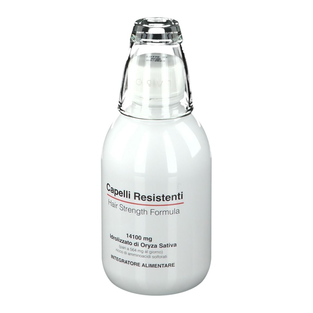 Bouteille blanche avec bouchon en verre. Inscription : Capelli Resistenti, Hair Strength Formula. Texte : 14100 mg, Idrolizzato di Oryza Sativa.