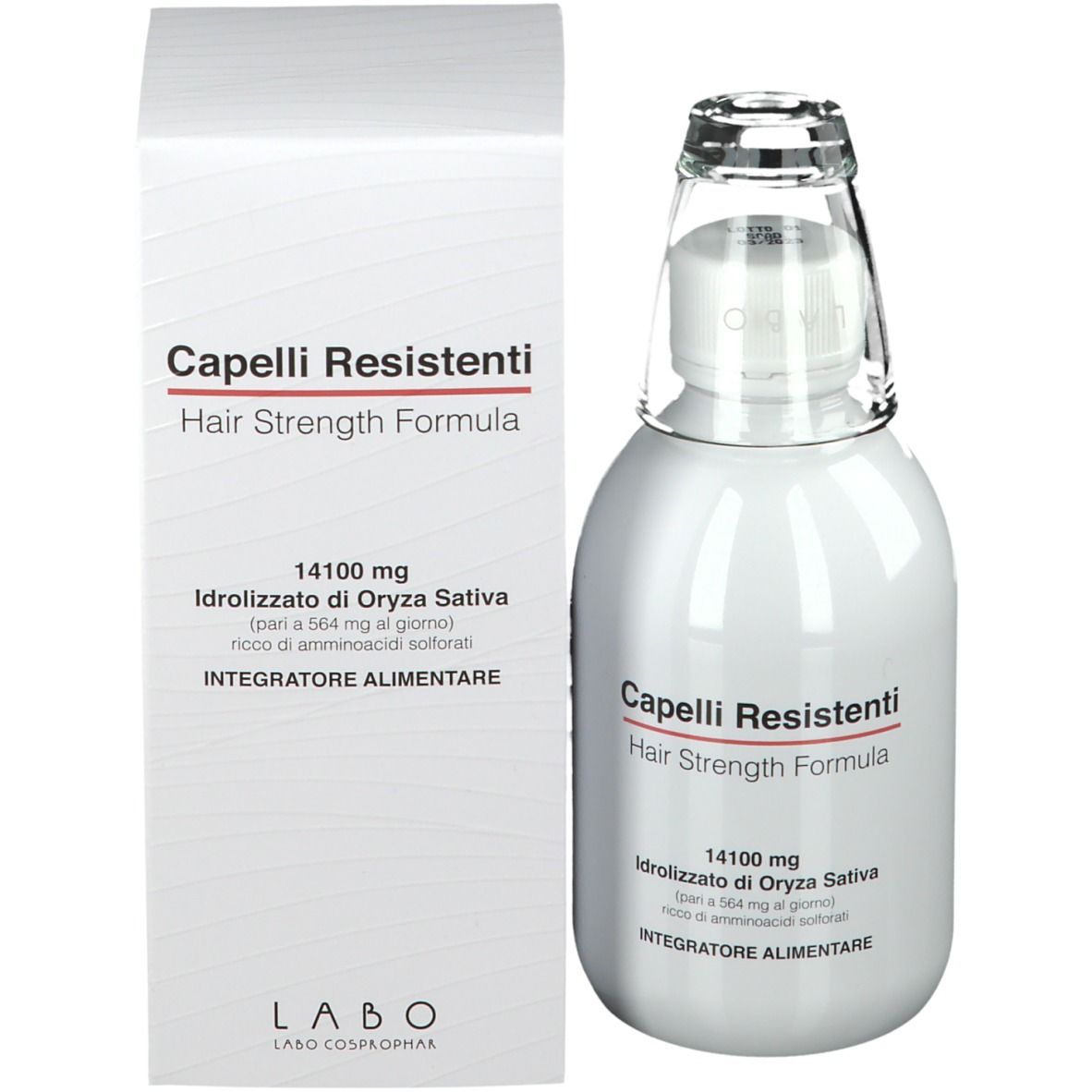 Emballage du produit avec bouteille et carton. Bouteille : blanche avec bouchon en verre. Carton : blanc avec inscription Capelli Resistenti, Hair Strength Formula.