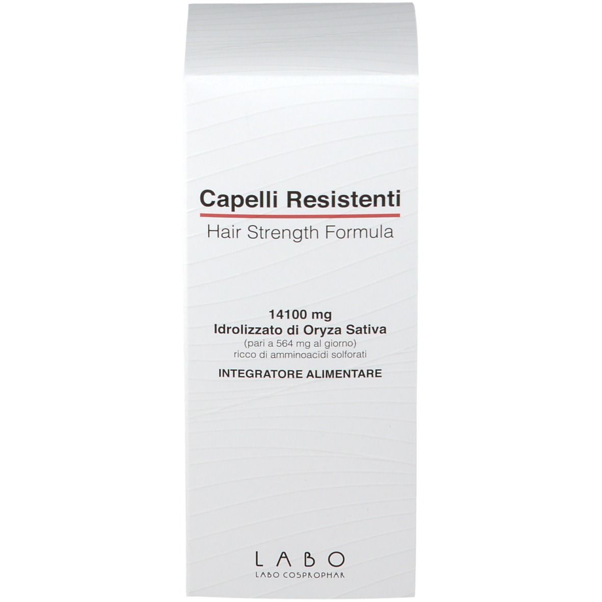 Emballage produit blanc. Inscription : Capelli Resistenti, Hair Strength Formula. Texte : 14100 mg, Idrolizzato di Oryza Sativa. Logo : LABO.