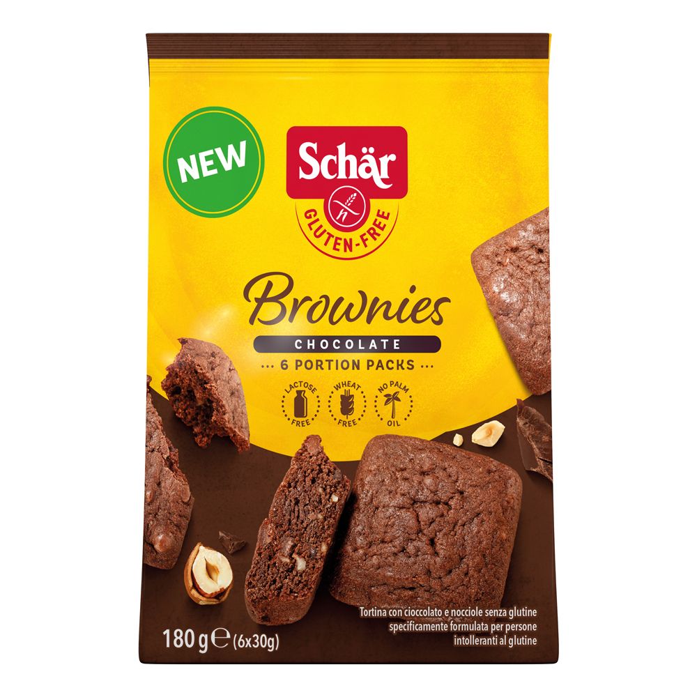 Confezione di Brownies Schar senza glutine. Scritta: Brownies, cioccolato, 6 porzioni. Loghi: senza lattosio, frumento e olio di palma. Peso netto: 180g.