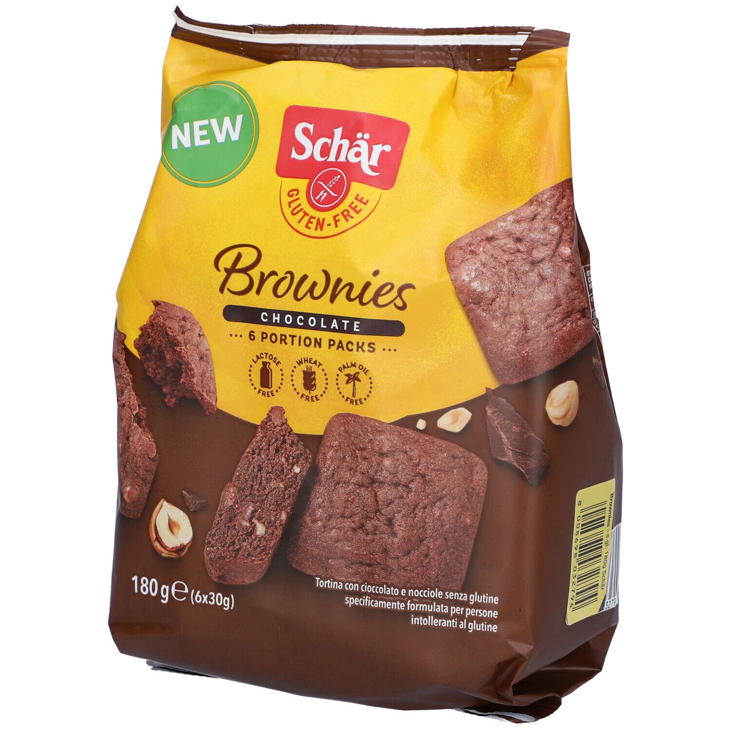 Confezione di Brownies Schar senza glutine. Scritta: Brownies, cioccolato, 6 porzioni. Loghi: senza lattosio, frumento e olio di palma. Peso netto: 180g.