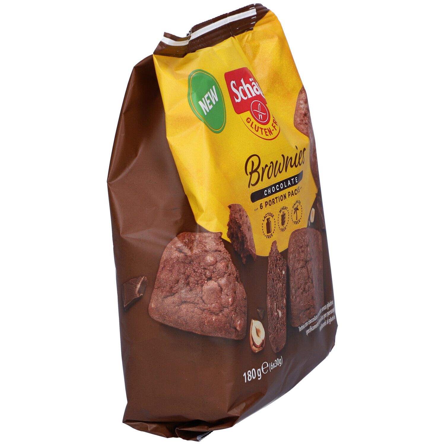Confezione di Brownies Schar senza glutine. Scritta: Brownies, cioccolato, 6 porzioni. Loghi: senza lattosio, frumento e olio di palma. Peso netto: 180g.