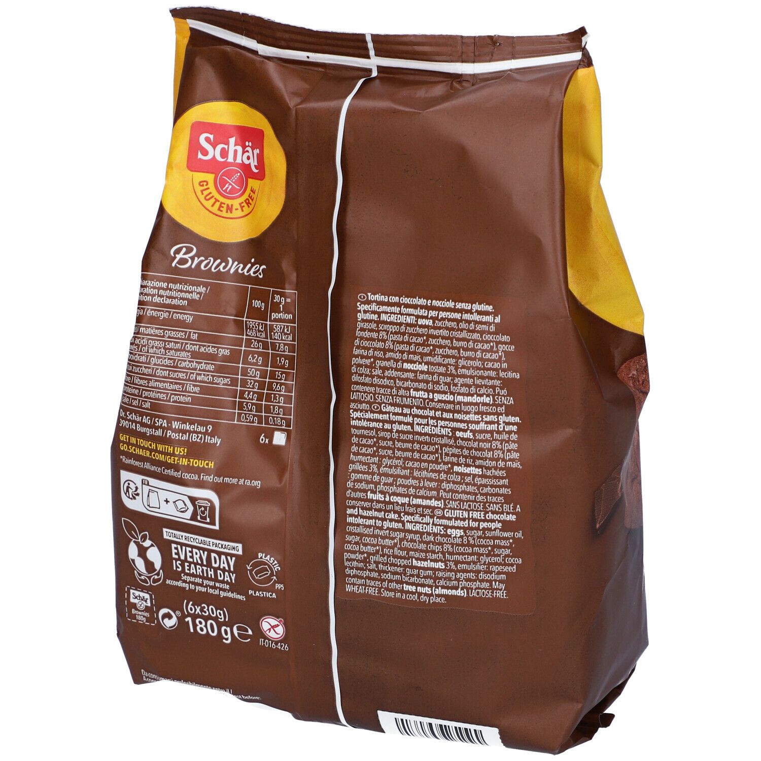 Confezione di Brownies Schar senza glutine. Scritta: Brownies, cioccolato, 6 porzioni. Loghi: senza lattosio, frumento e olio di palma. Peso netto: 180g.