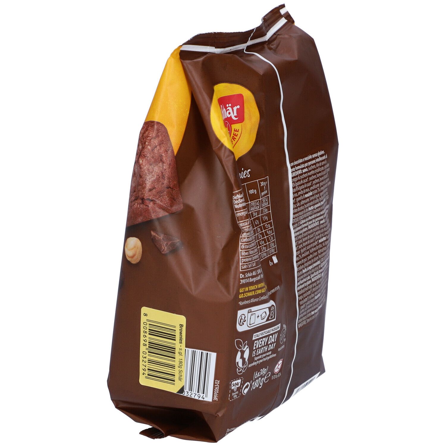Retro della confezione Brownies Schar. Contiene informazioni nutrizionali, elenco ingredienti e loghi. Peso: 180g. Senza glutine, lattosio, frumento, olio di palma.