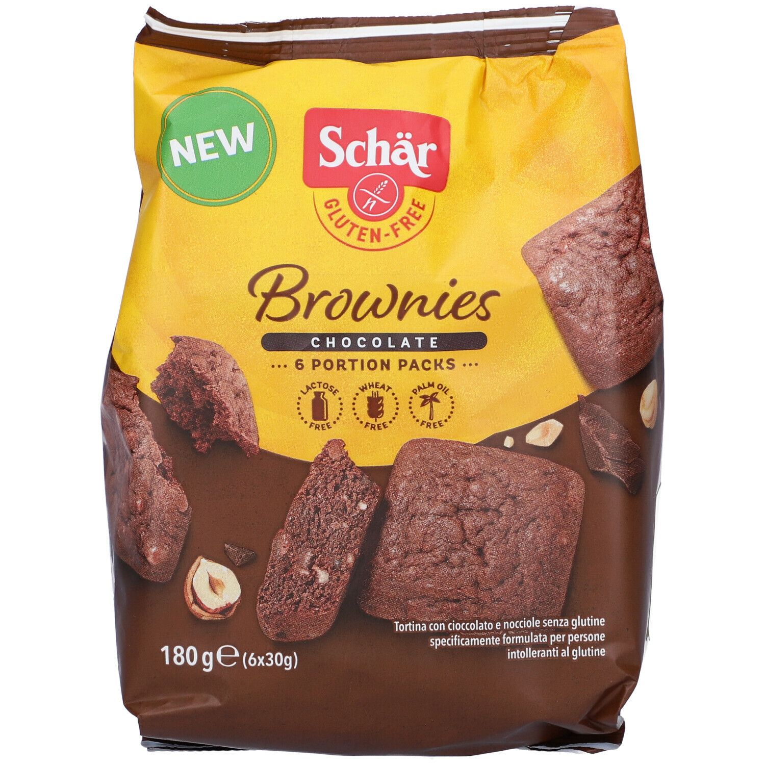 Retro della confezione Brownies Schar. Contiene informazioni nutrizionali, elenco ingredienti e loghi. Peso: 180g. Senza glutine, lattosio, frumento, olio di palma.