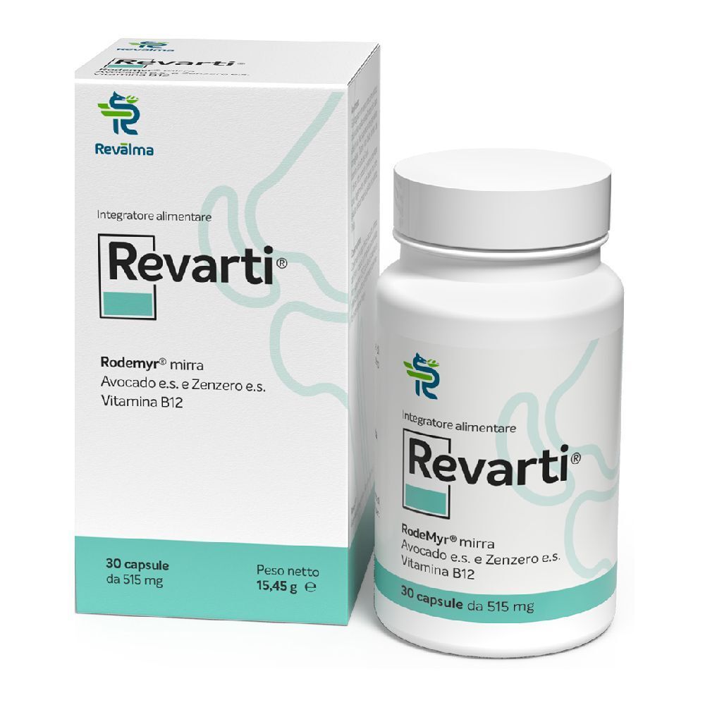 Flacone e scatola bianchi Revarti. Contiene 30 capsule. Ingredienti: Rodemyr mirra, avocado, zenzero, vitamina B12. Peso netto 15,45 g.
