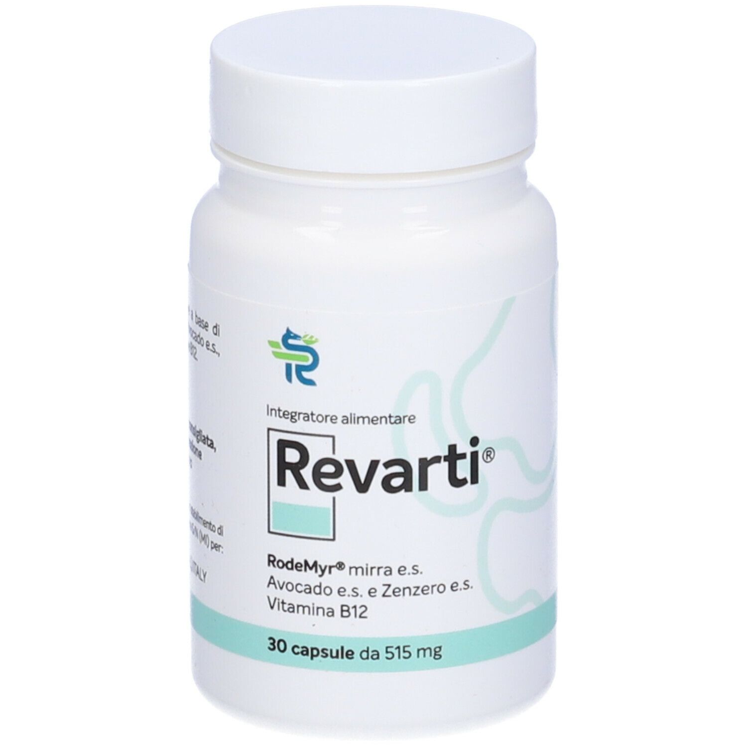 Flacone bianco Revarti. Contiene 30 capsule. Ingredienti: Rodemyr mirra, avocado, zenzero, vitamina B12.