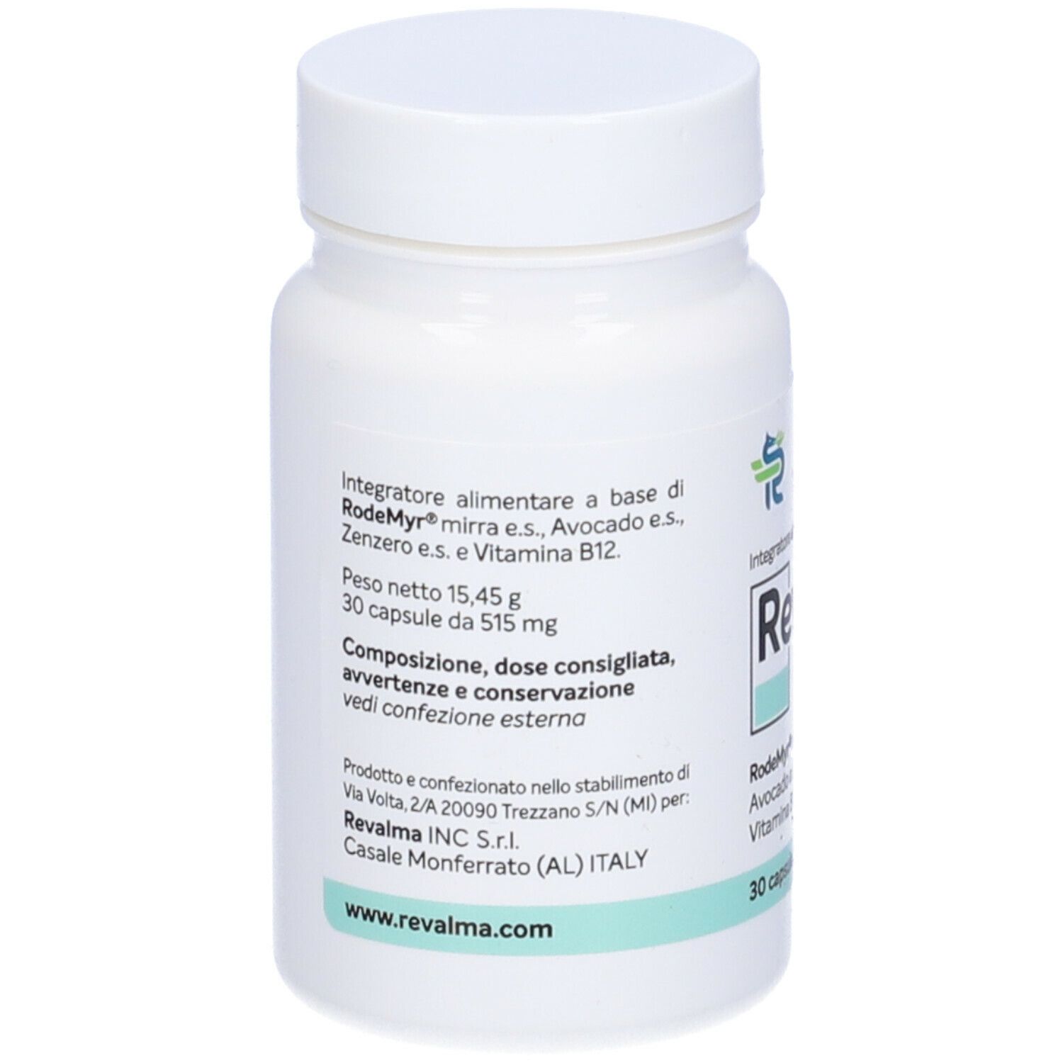 Flacone bianco con informazioni. Contiene 30 capsule. Ingredienti: Rodemyr mirra, avocado, zenzero, vitamina B12. Peso netto 15,45 g.