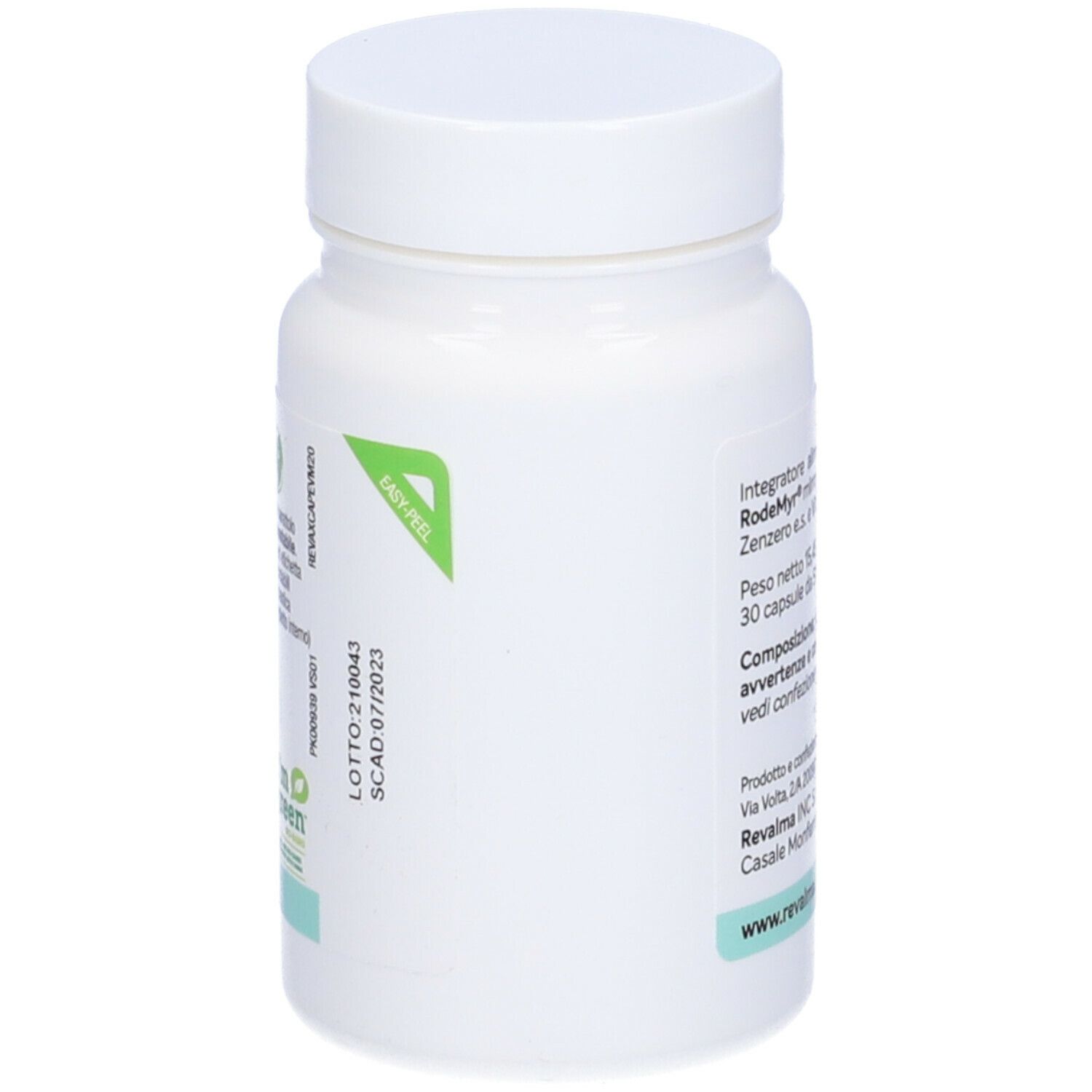 Flacone bianco con informazioni. Contiene 30 capsule. Ingredienti: Rodemyr mirra, avocado, zenzero, vitamina B12. Luogo di produzione.