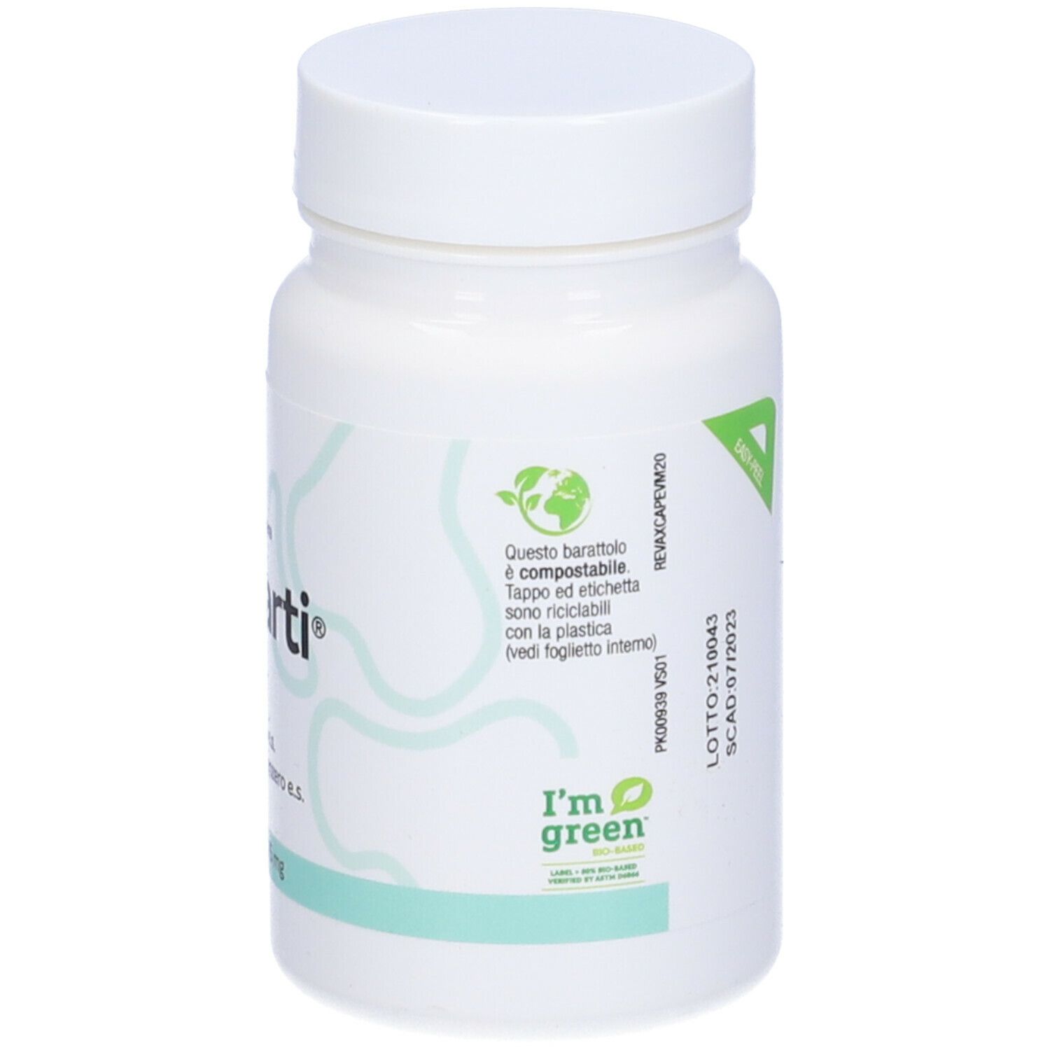 Flacone bianco con informazioni. Contiene 30 capsule. Ingredienti: Rodemyr mirra, avocado, zenzero, vitamina B12. Easy Peel.