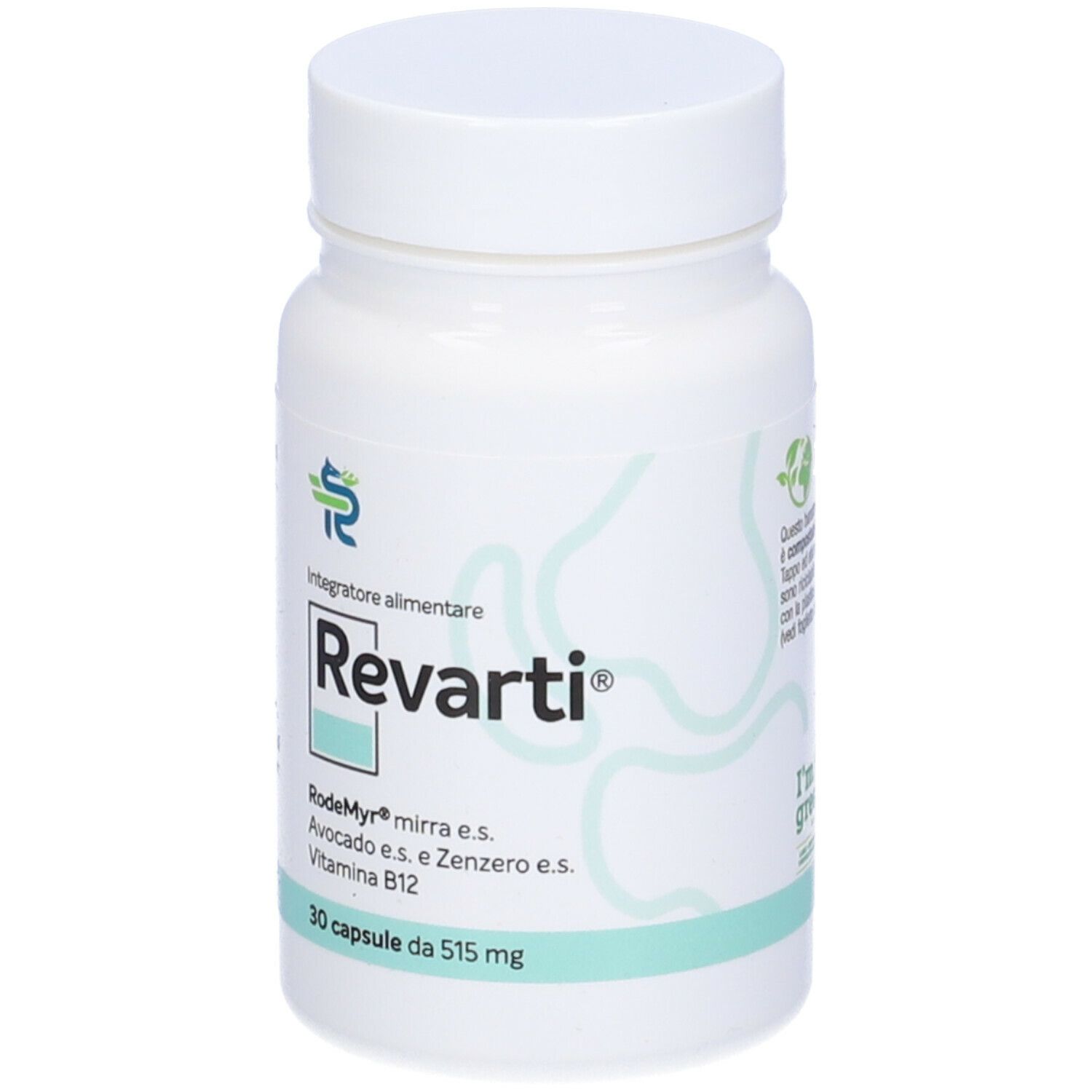 Flacone bianco con informazioni. Contiene 30 capsule. Ingredienti: Rodemyr mirra, avocado, zenzero, vitamina B12. I'm green.