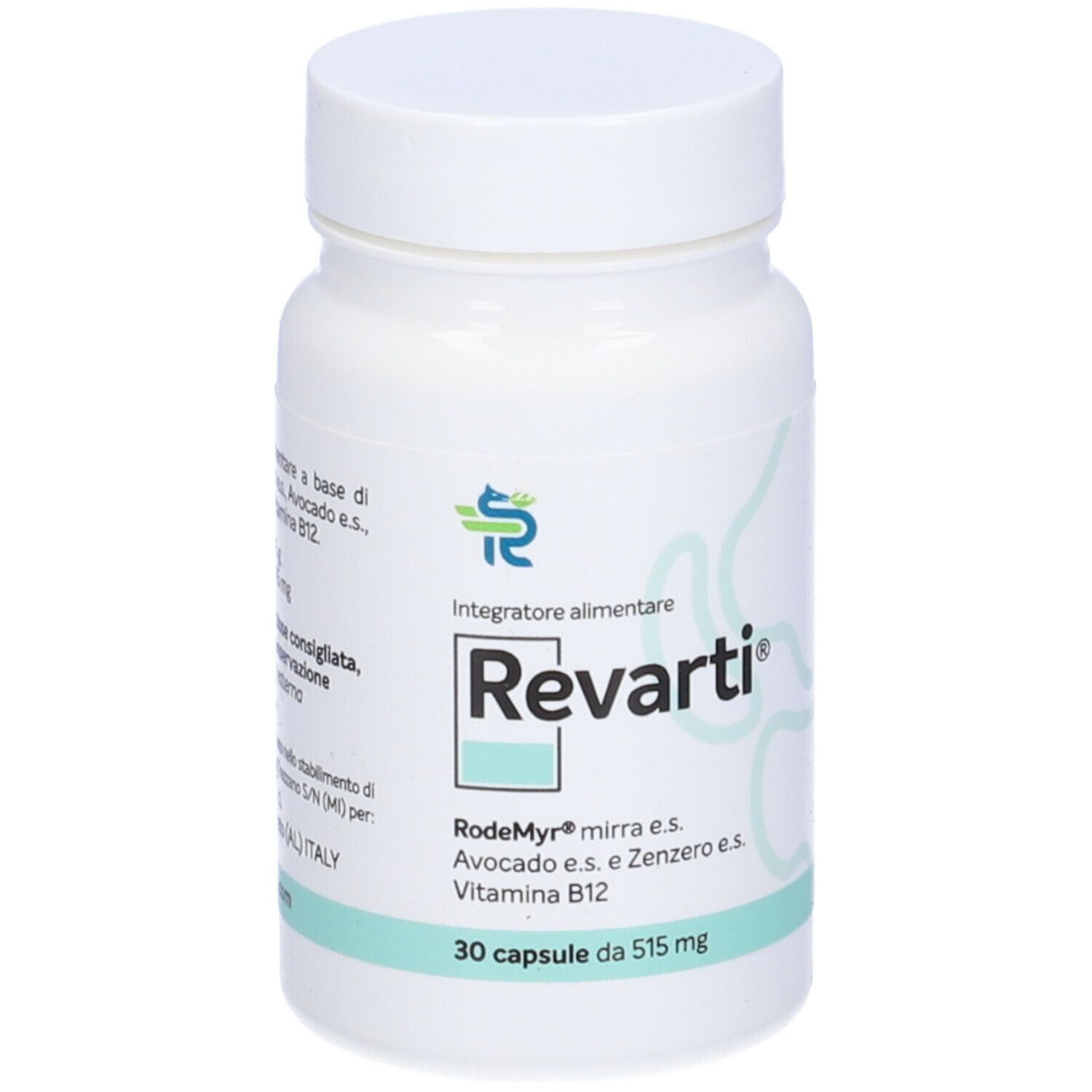 Flacone bianco Revarti. Contiene 30 capsule. Ingredienti: Rodemyr mirra, avocado, zenzero, vitamina B12.