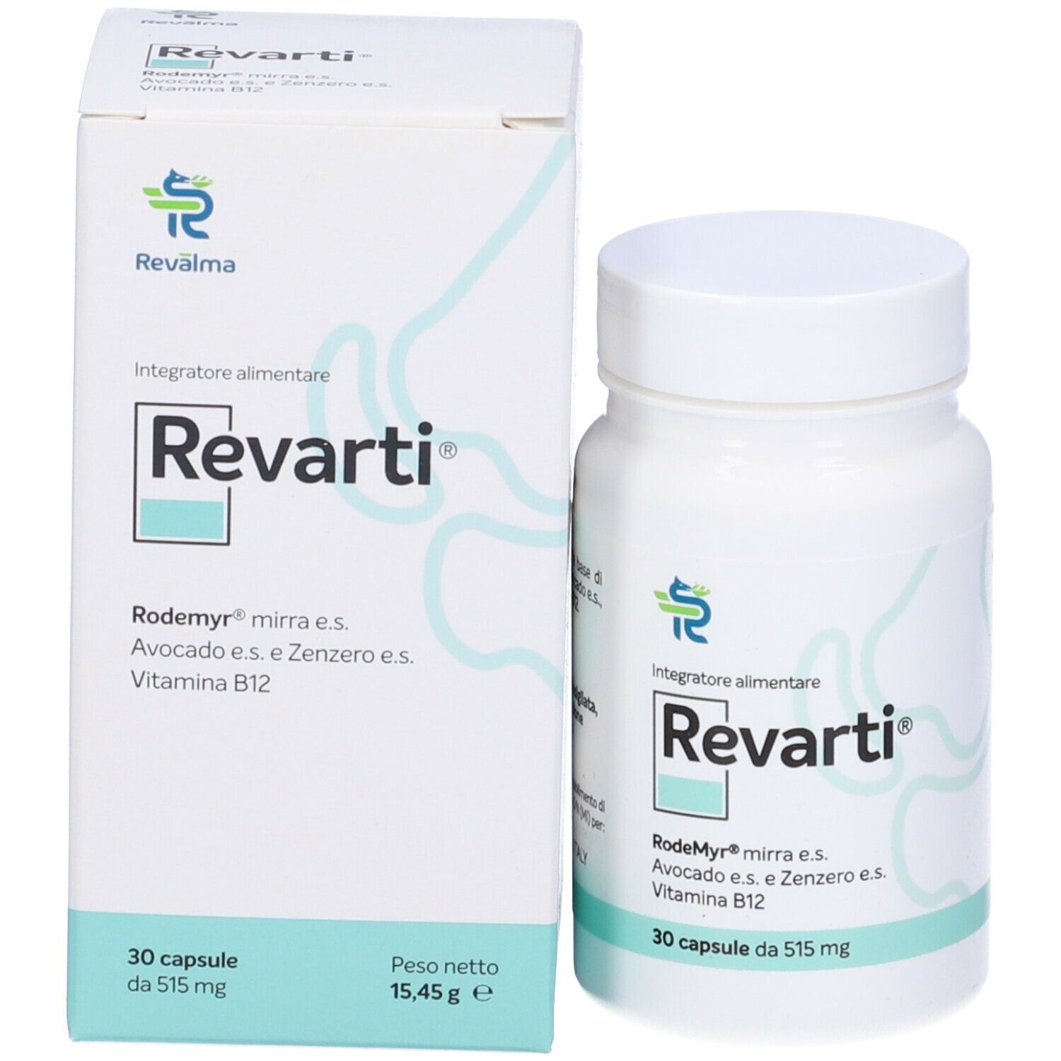 Flacone e scatola bianchi Revarti. Contiene 30 capsule. Ingredienti: Rodemyr mirra, avocado, zenzero, vitamina B12.