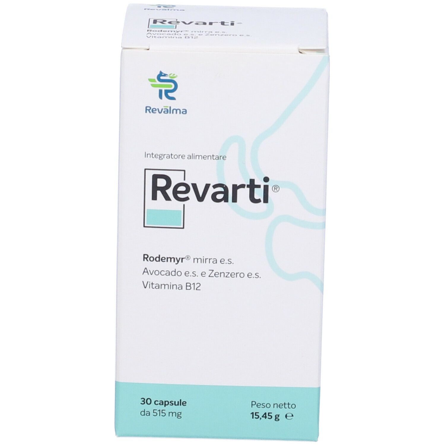 Scatola bianca Revarti. Contiene 30 capsule. Ingredienti: Rodemyr mirra, avocado, zenzero, vitamina B12. Peso netto 15,45 g.