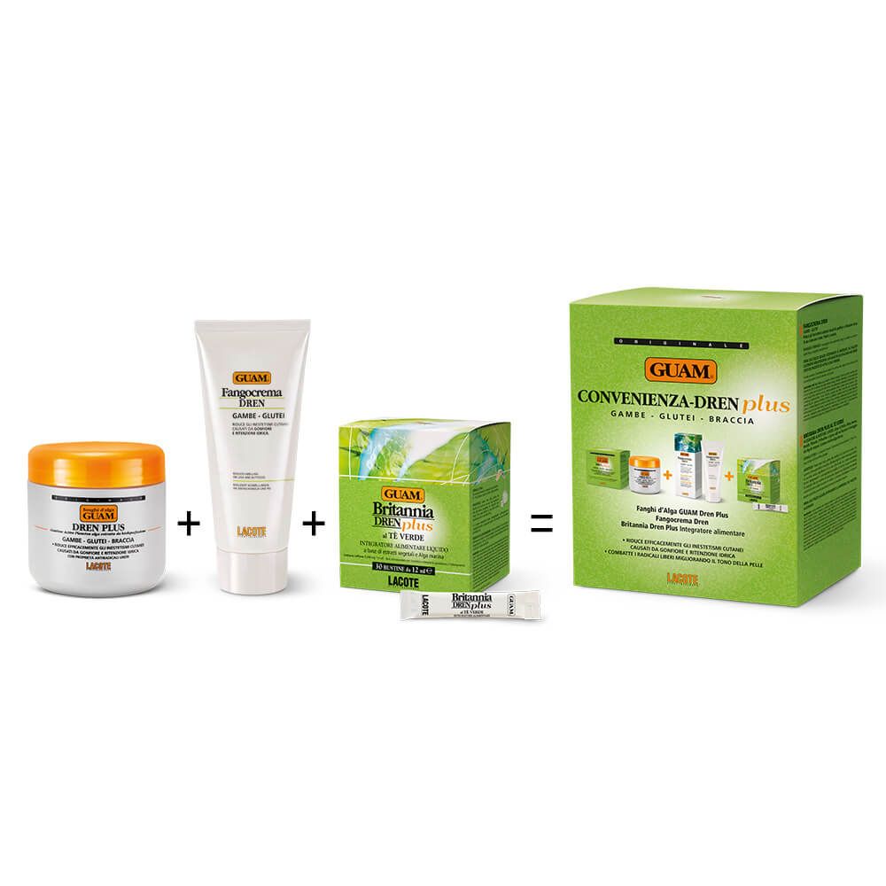 Set di prodotti con creme e confezioni. Include un barattolo, un tubetto, una scatola piccola e una scatola più grande con testo.