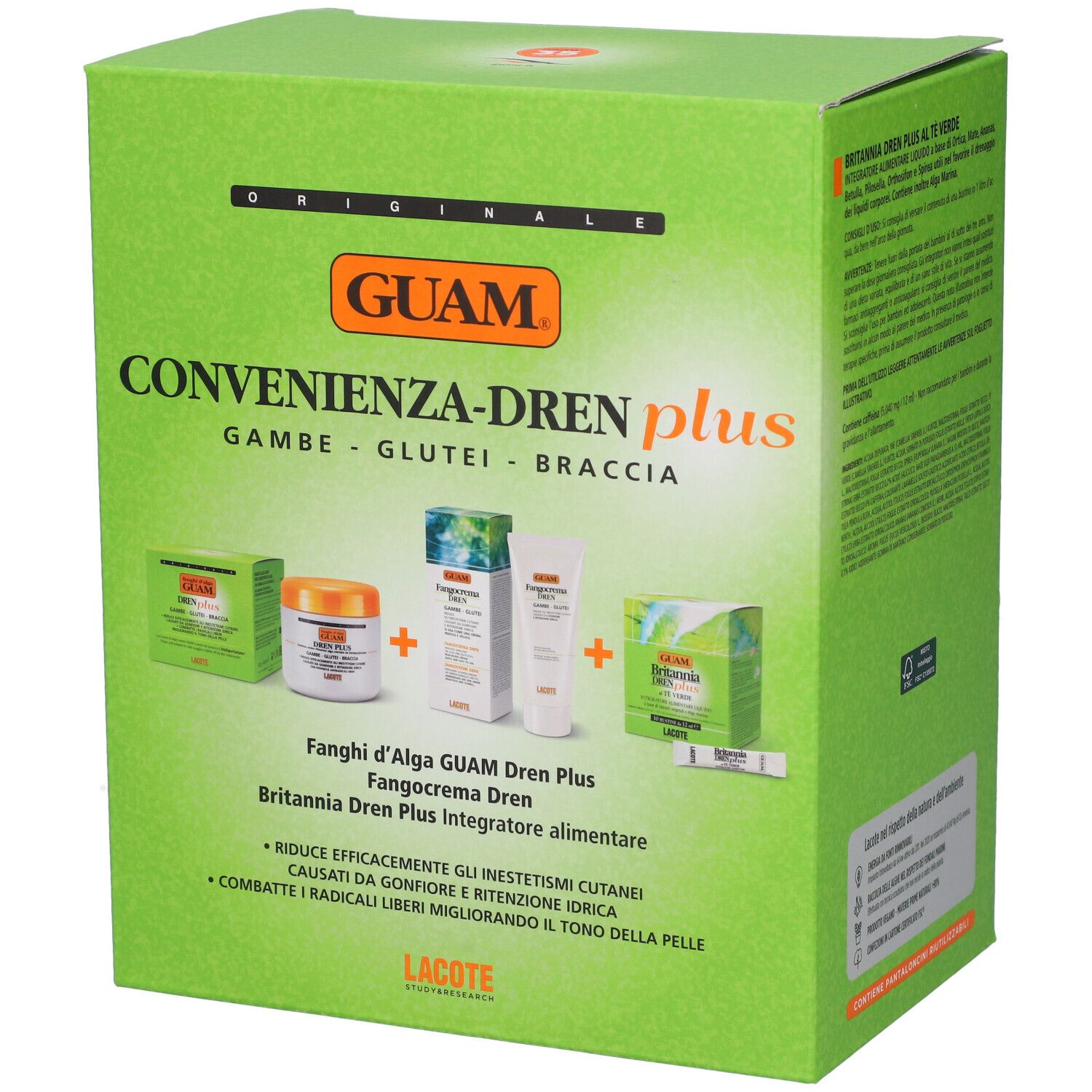 Scatola verde con nome del prodotto e illustrazioni dei prodotti. Testo in italiano. Marchio GUAM.