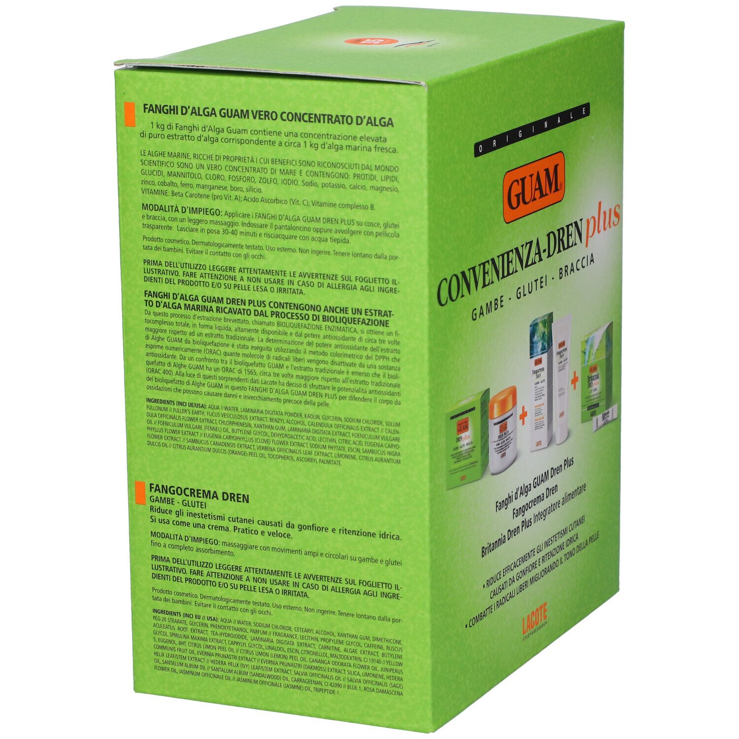 Scatola verde con testo in italiano. Contiene informazioni sul prodotto e ingredienti. Marchio GUAM.