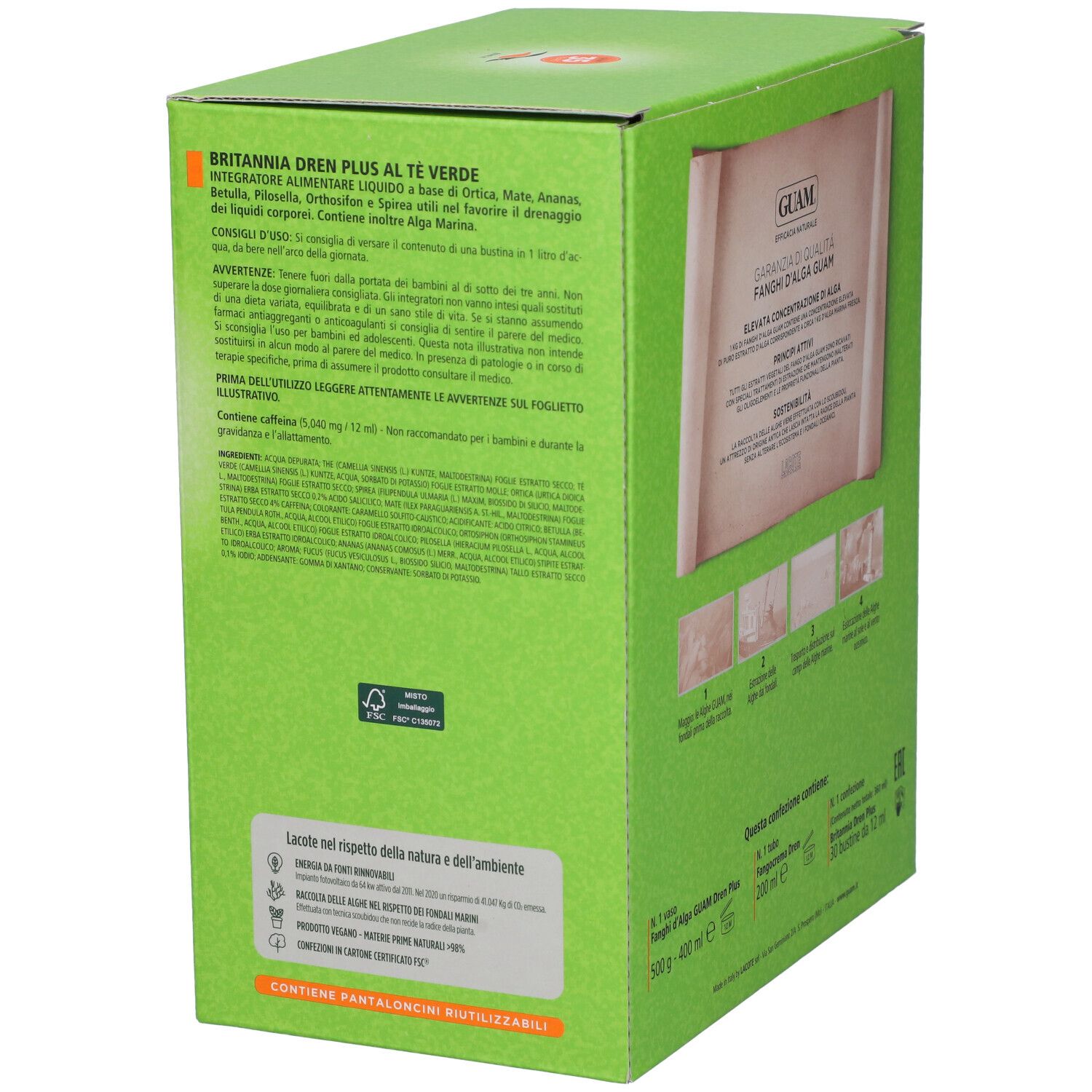 Scatola verde con testo in italiano. Contiene informazioni sul prodotto e un elenco degli ingredienti.