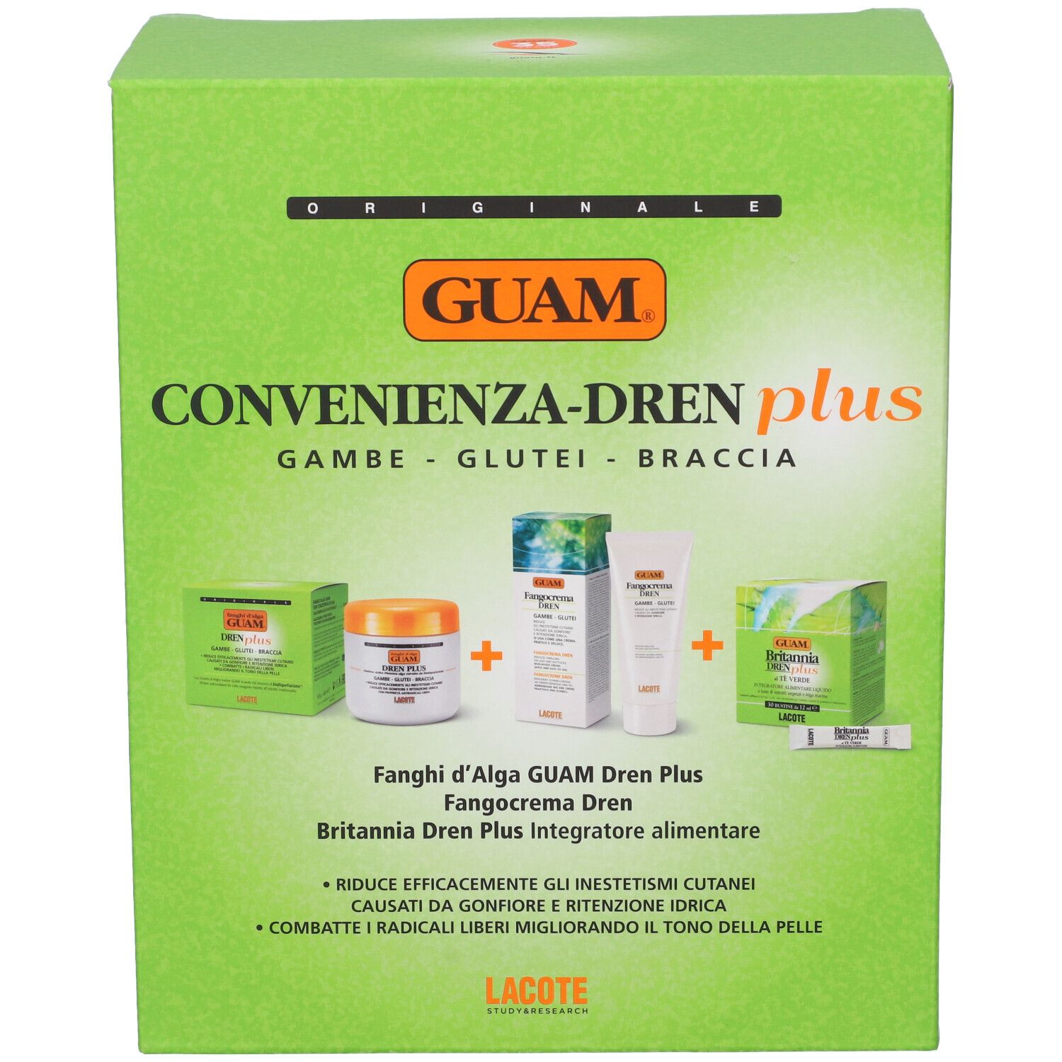 Scatola verde con nome del prodotto e illustrazioni dei prodotti. Testo in italiano. Marchio GUAM.