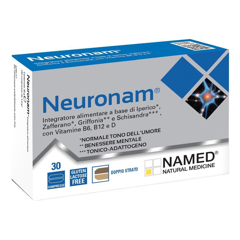 Scatola di NAMED Neuronam® Compresse. Confezione blu e grigia con nome e logo del prodotto. 30 compresse.