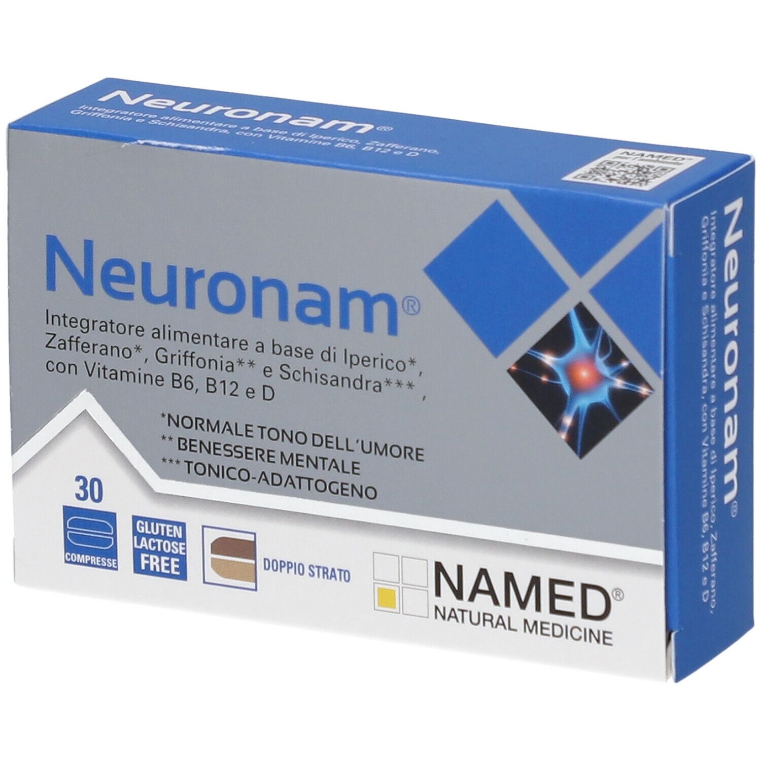 Scatola di NAMED Neuronam® Compresse. Confezione blu e grigia con nome e logo del prodotto. 30 compresse.