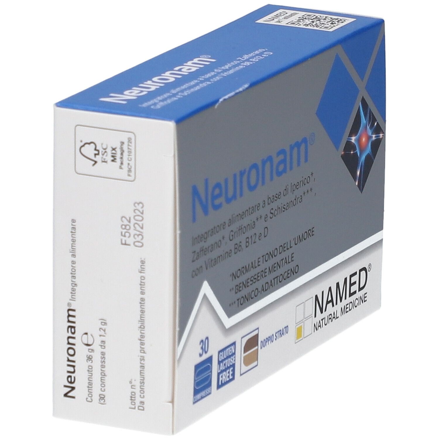 Scatola di NAMED Neuronam® Compresse. Confezione blu e grigia con nome e logo del prodotto. 30 compresse.