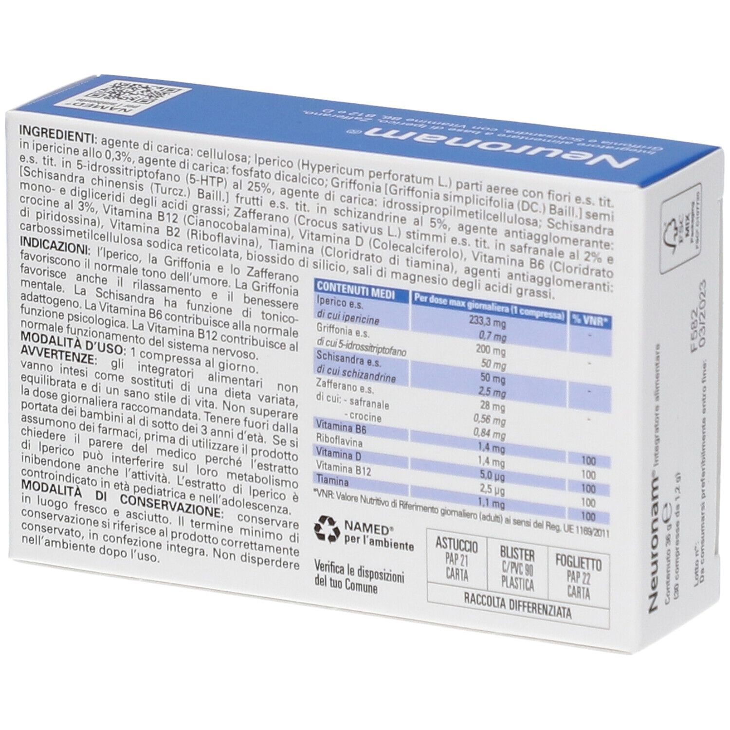 Retro della scatola NAMED Neuronam® Compresse. Testo con ingredienti e informazioni nutrizionali. Con logo.