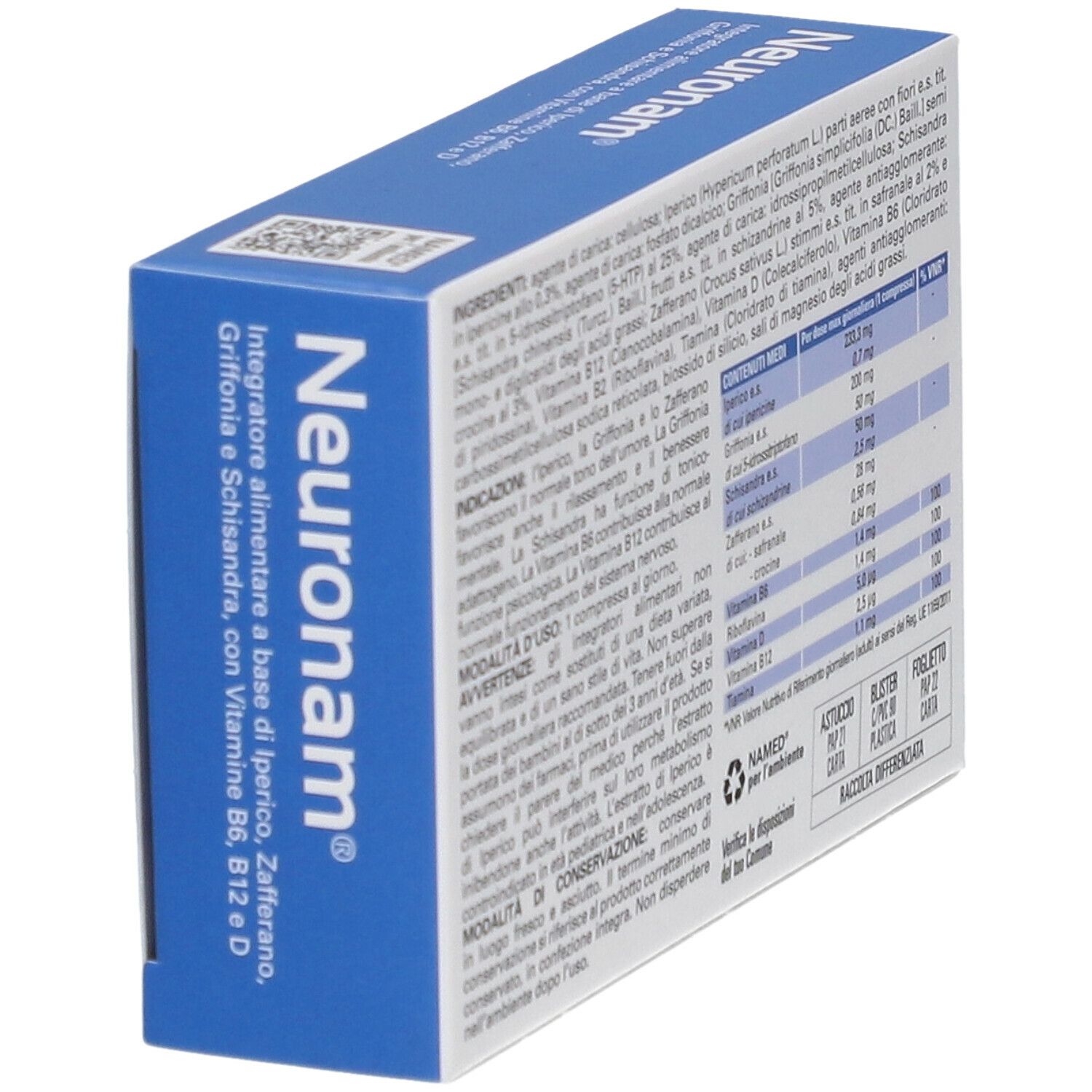 Retro della scatola NAMED Neuronam® Compresse. Testo con ingredienti e informazioni nutrizionali. Con logo.