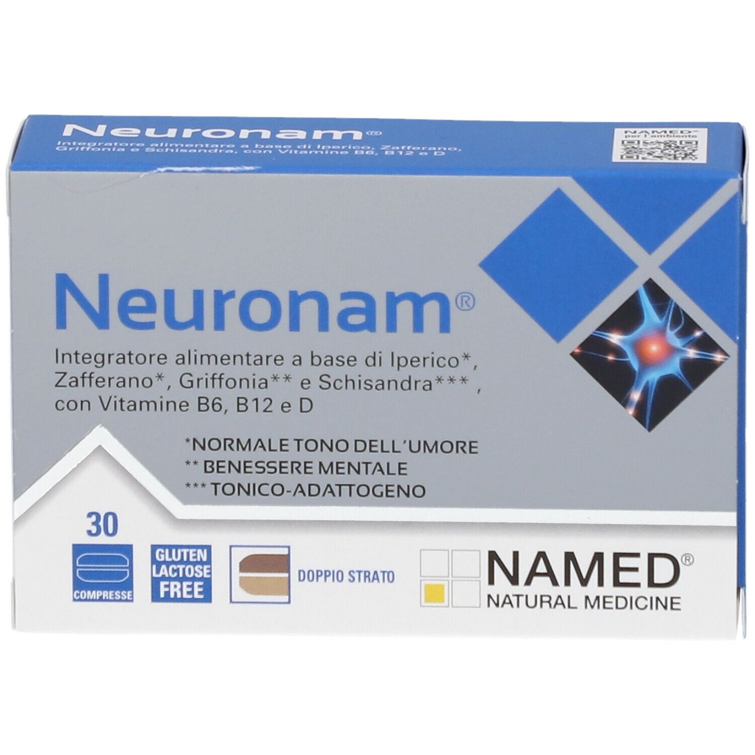Scatola di NAMED Neuronam® Compresse. Confezione blu e grigia con nome e logo del prodotto. 30 compresse.