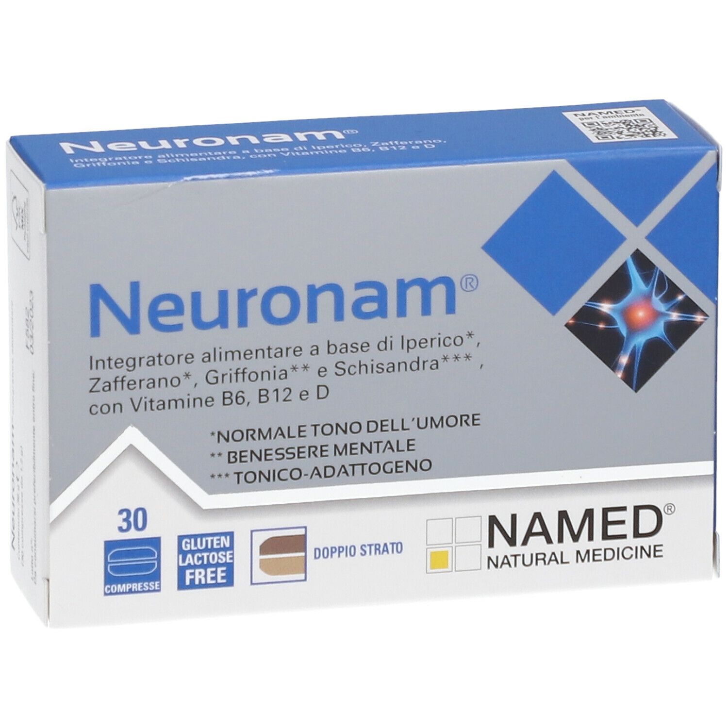 Scatola di NAMED Neuronam® Compresse. Confezione blu e grigia con nome e logo del prodotto. 30 compresse.