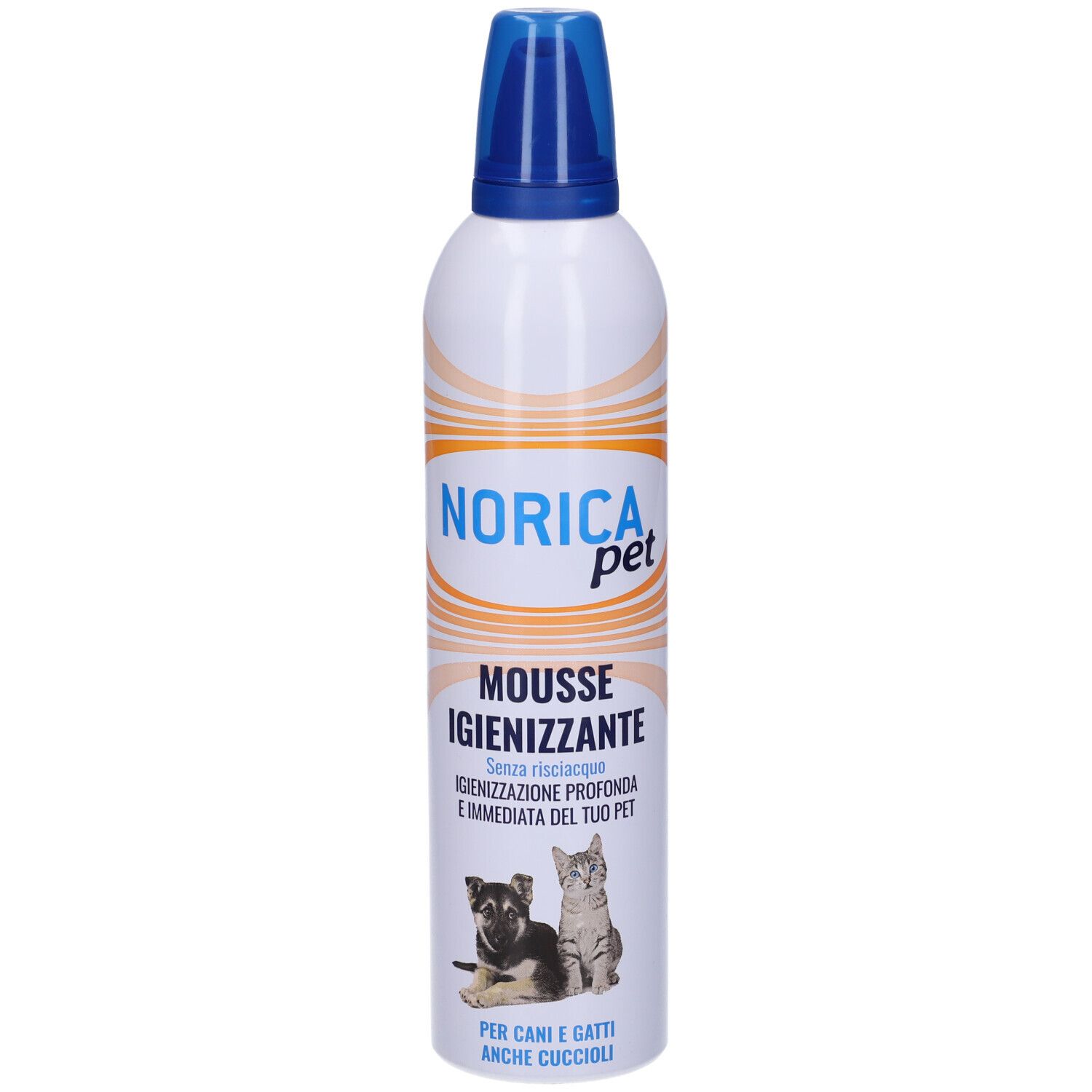 Flacone spray bianco con tappo blu. Scritta: Norica pet, Mousse Igienizzante. Immagine di cane e gatto.