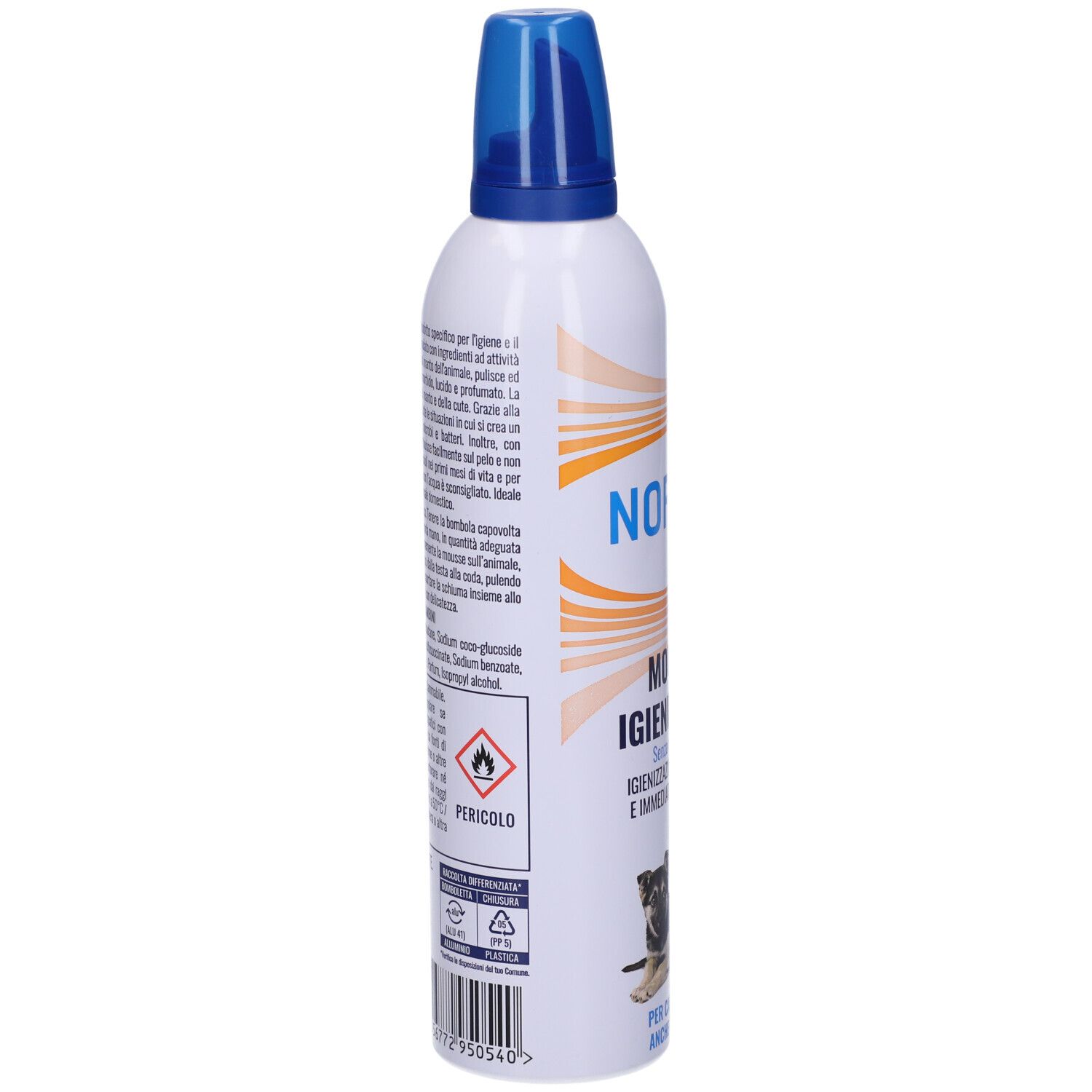 Flacone spray bianco con tappo blu. Testo in italiano. Avvertenza e pittogramma. Codice a barre e simbolo di riciclaggio.