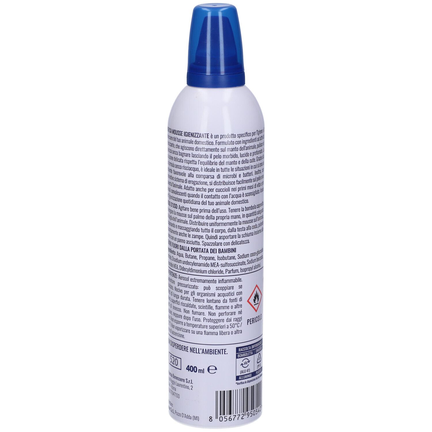 Flacone spray bianco con tappo blu. Testo in italiano. Ingredienti e avvertenze. Indicazione del volume: 400 ml.