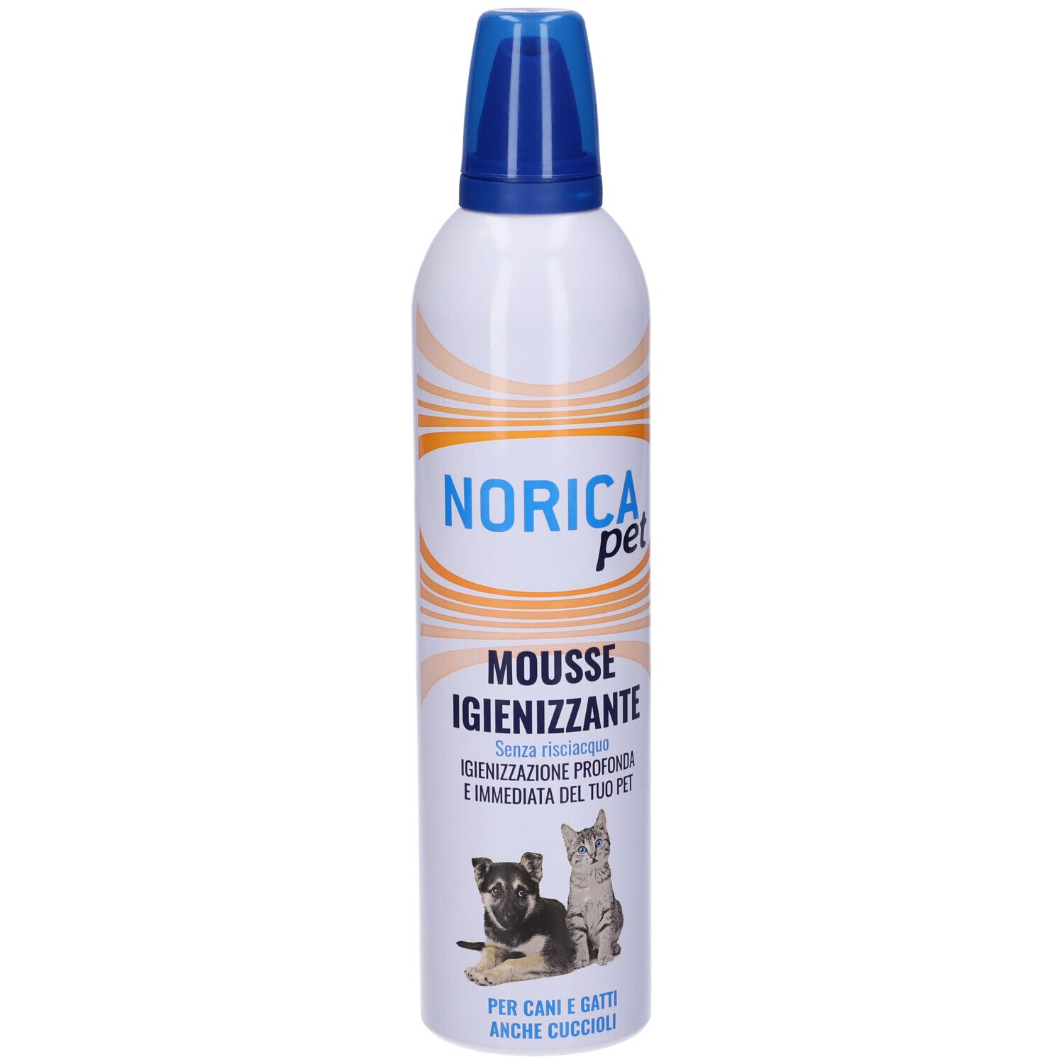 Flacone spray bianco con tappo blu. Scritta: Norica pet, Mousse Igienizzante. Immagine di cane e gatto.