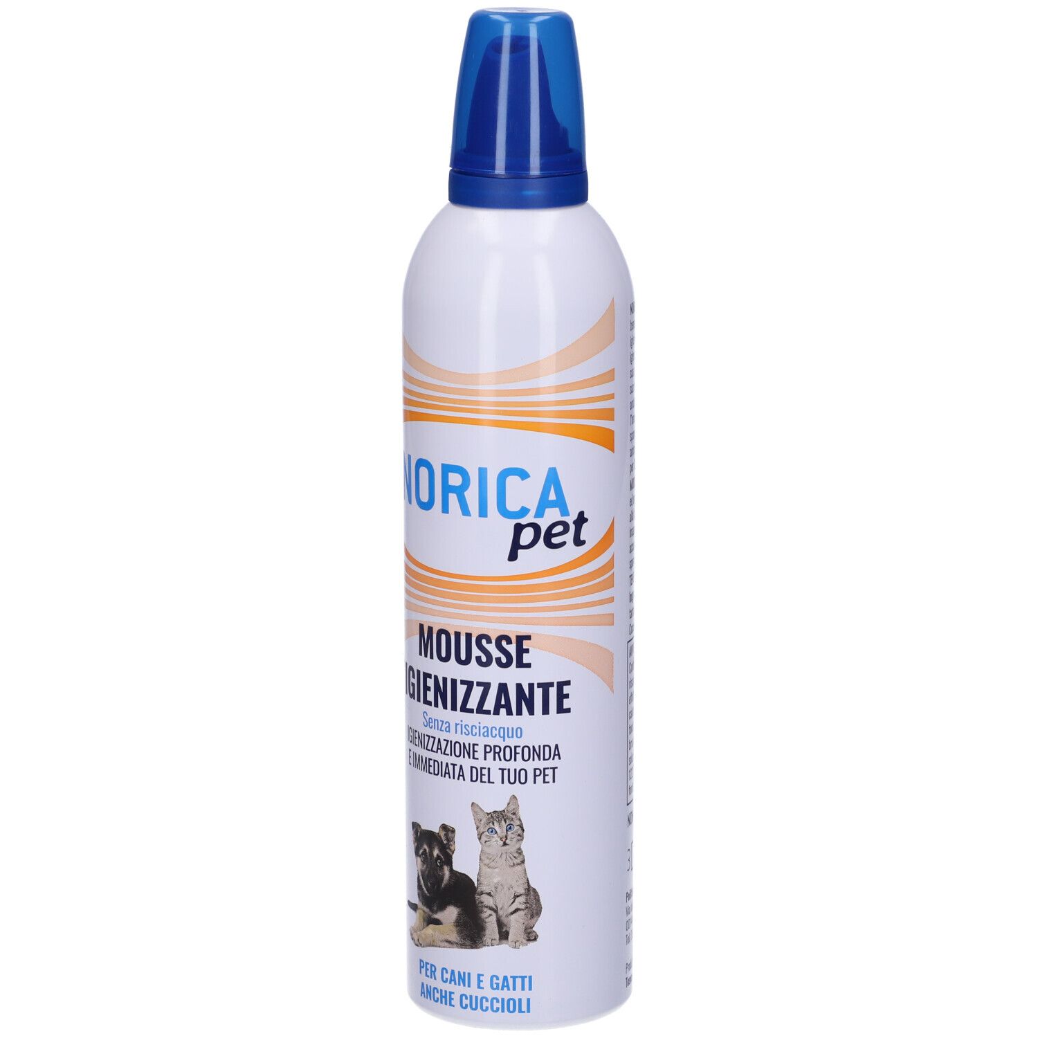 Flacone spray bianco con tappo blu. Scritta: Norica pet, Mousse Igienizzante. Immagine di cane e gatto.