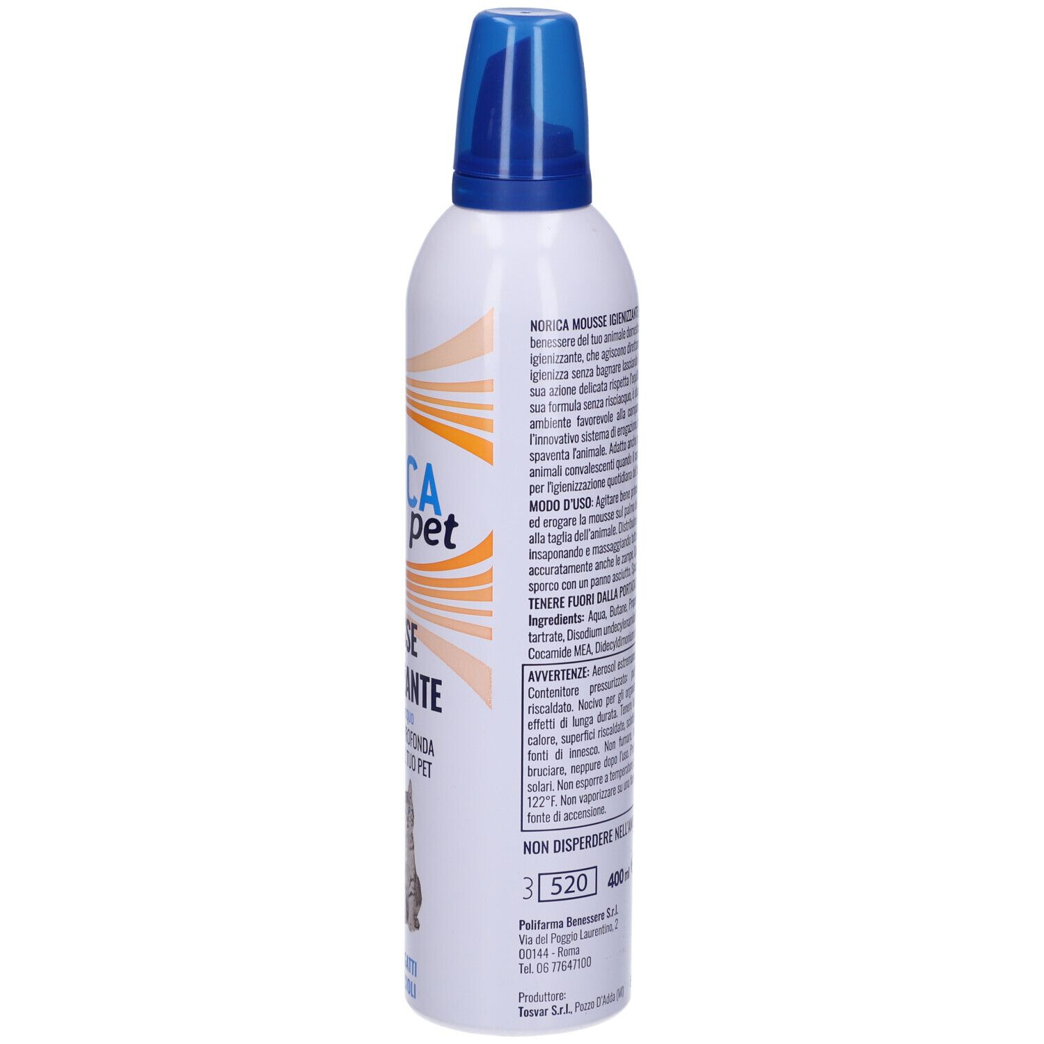Flacone spray bianco con tappo blu. Testo in italiano. Indicazione del volume: 400 ml. Indirizzo del produttore.