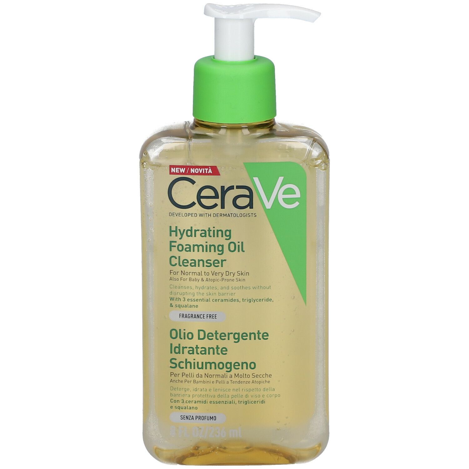 CeraVe Hydrating Foaming Oil Cleanser. Flacone con pompa, liquido giallastro. Testo: For Normal to Very Dry Skin.