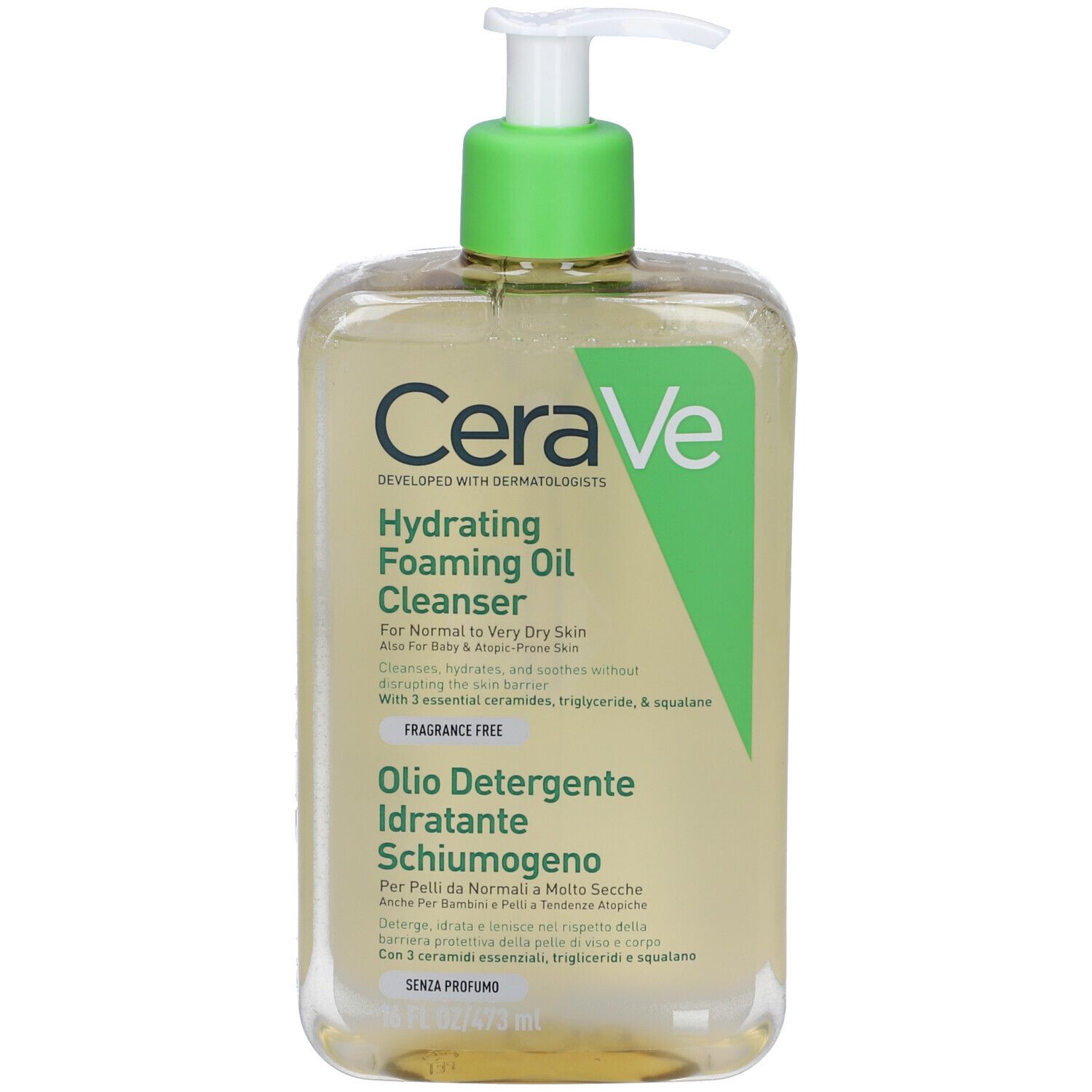 CeraVe Hydrating Foaming Oil Cleanser. Flacone con pompa. Per pelli da normali a molto secche. Senza profumo.