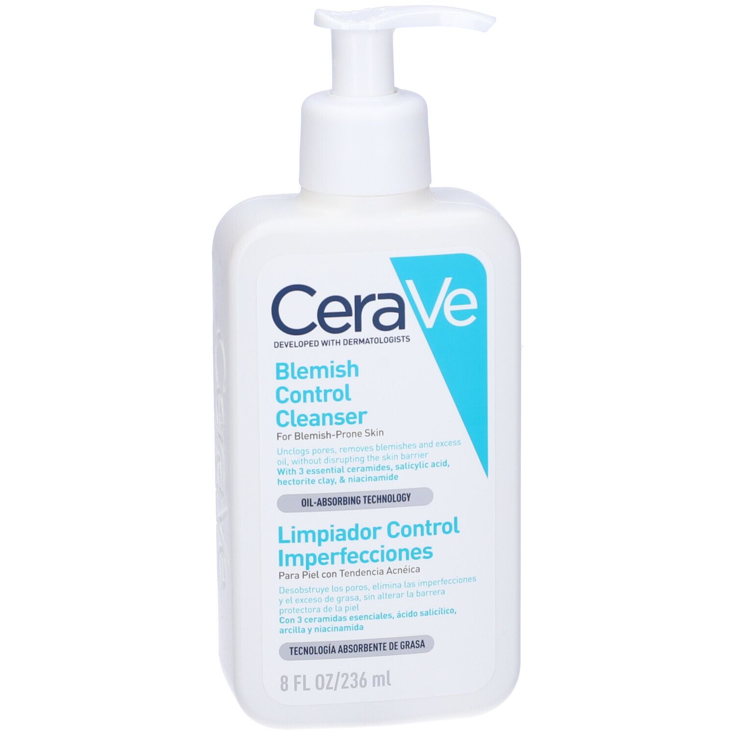 Flacone bianco con dosatore. Testo: CeraVe Blemish Control Cleanser. 236 ml.