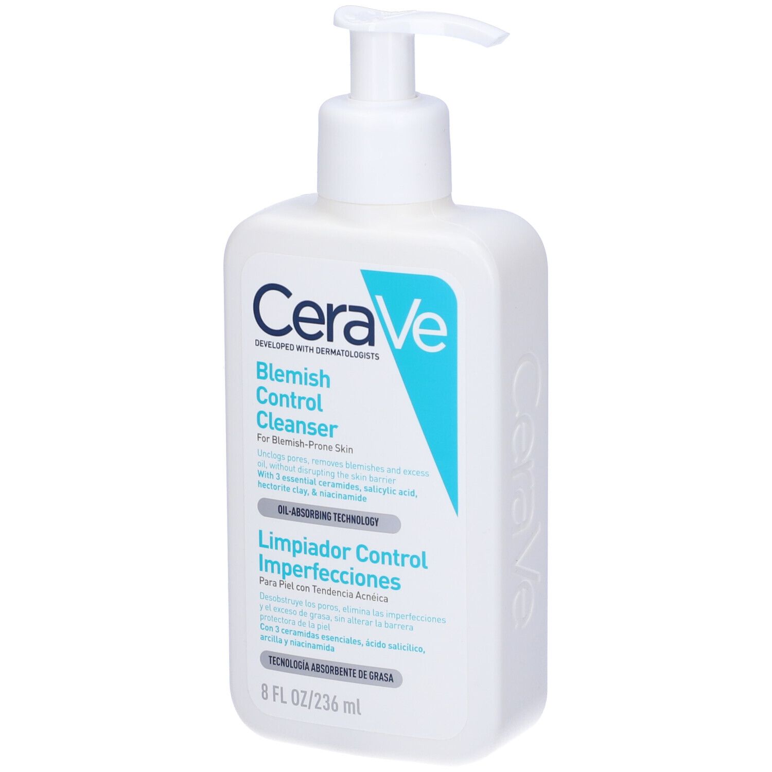 Flacone bianco con dosatore. Testo: CeraVe Blemish Control Cleanser. 236 ml.