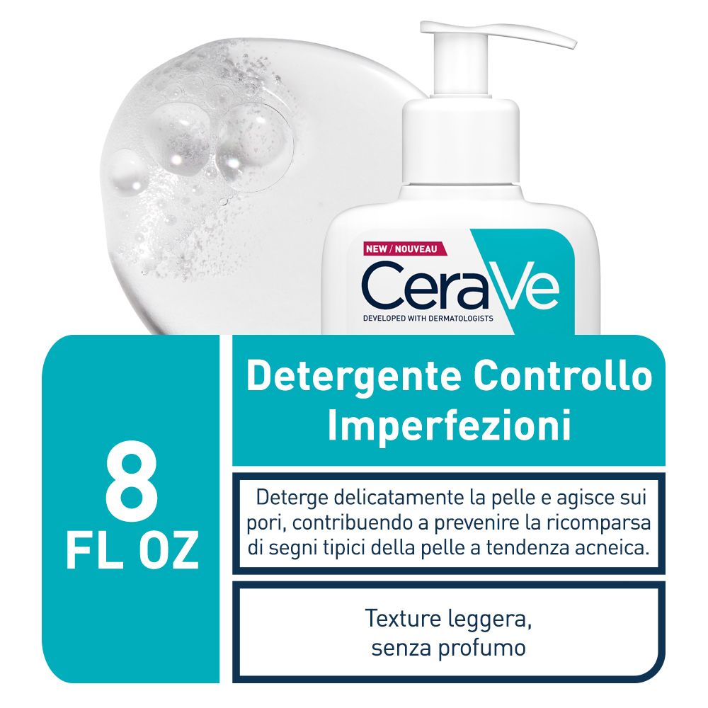 Prodotto con testo: Detergente Controllo Imperfezioni. 8 FL OZ. Schiuma su una superficie.