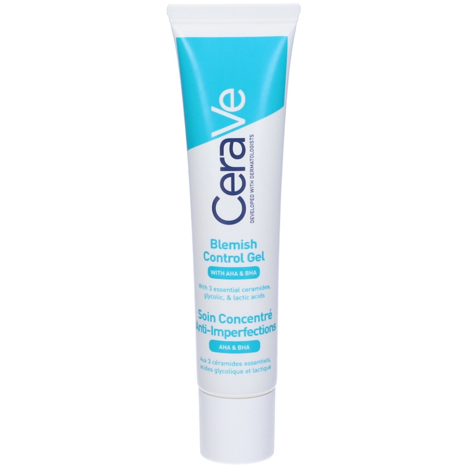 Tubo CeraVe Blemish Control Gel. Turchese-bianco. Con AHA & BHA. Anti-imperfezioni.
