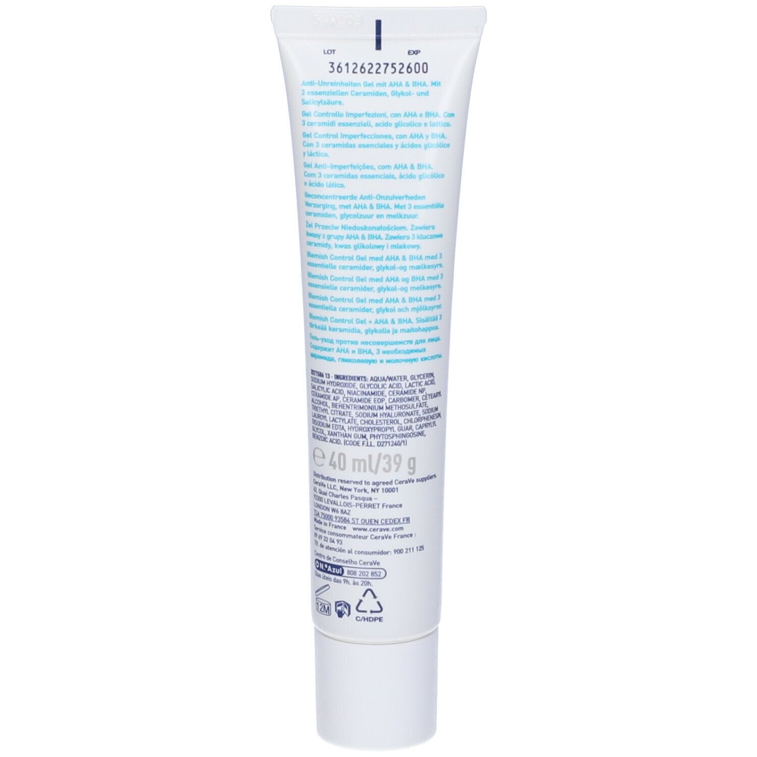 Retro del tubo CeraVe Gel Controllo Imperfezioni. Testo e informazioni.