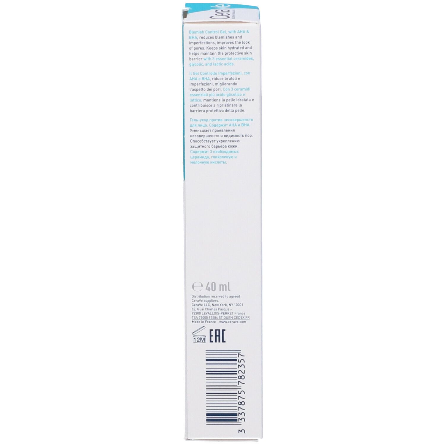 Retro della scatola CeraVe Blemish Control Gel. Testo e informazioni.