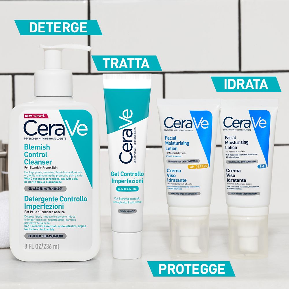 Prodotti CeraVe: Detergere, Trattare, Idratare, Proteggere. Su una superficie bianca.