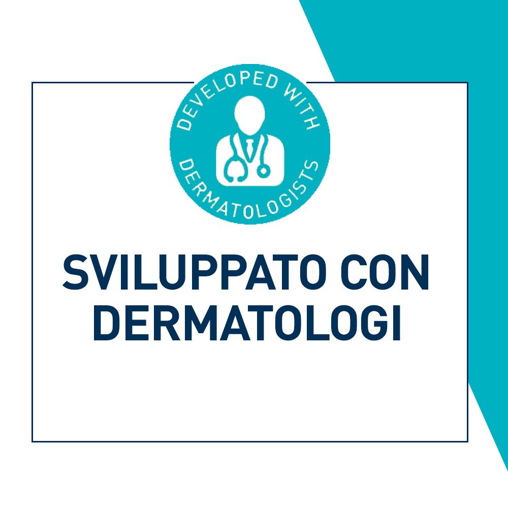 Logo rotondo: Sviluppato con dermatologi. Turchese e bianco.